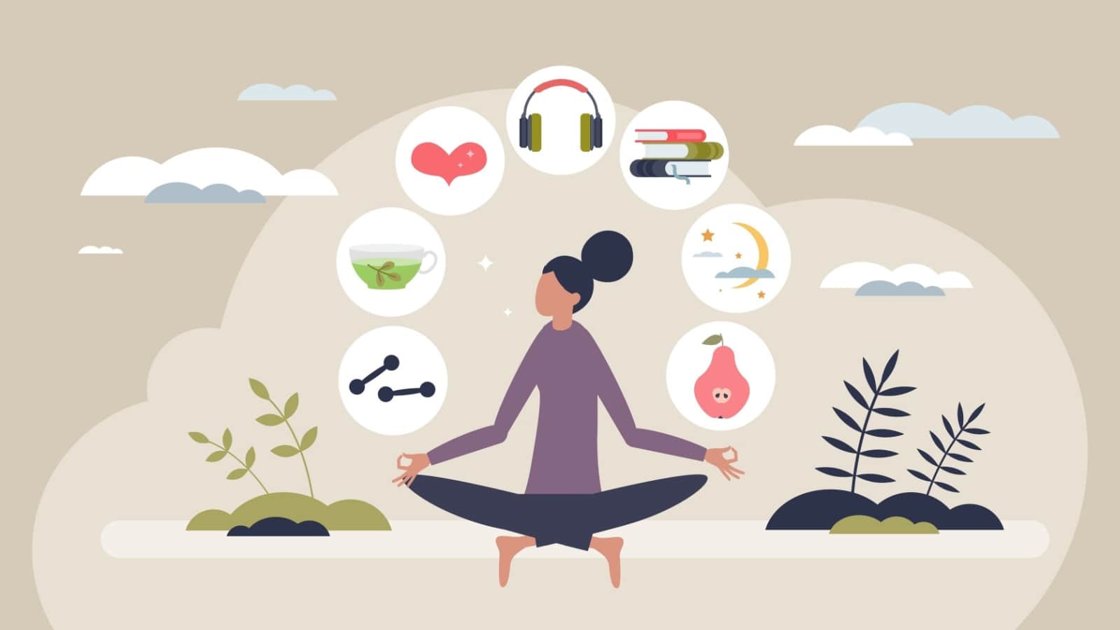 As a woman meditates, her thoughts show that all the things in her life are in harmony.