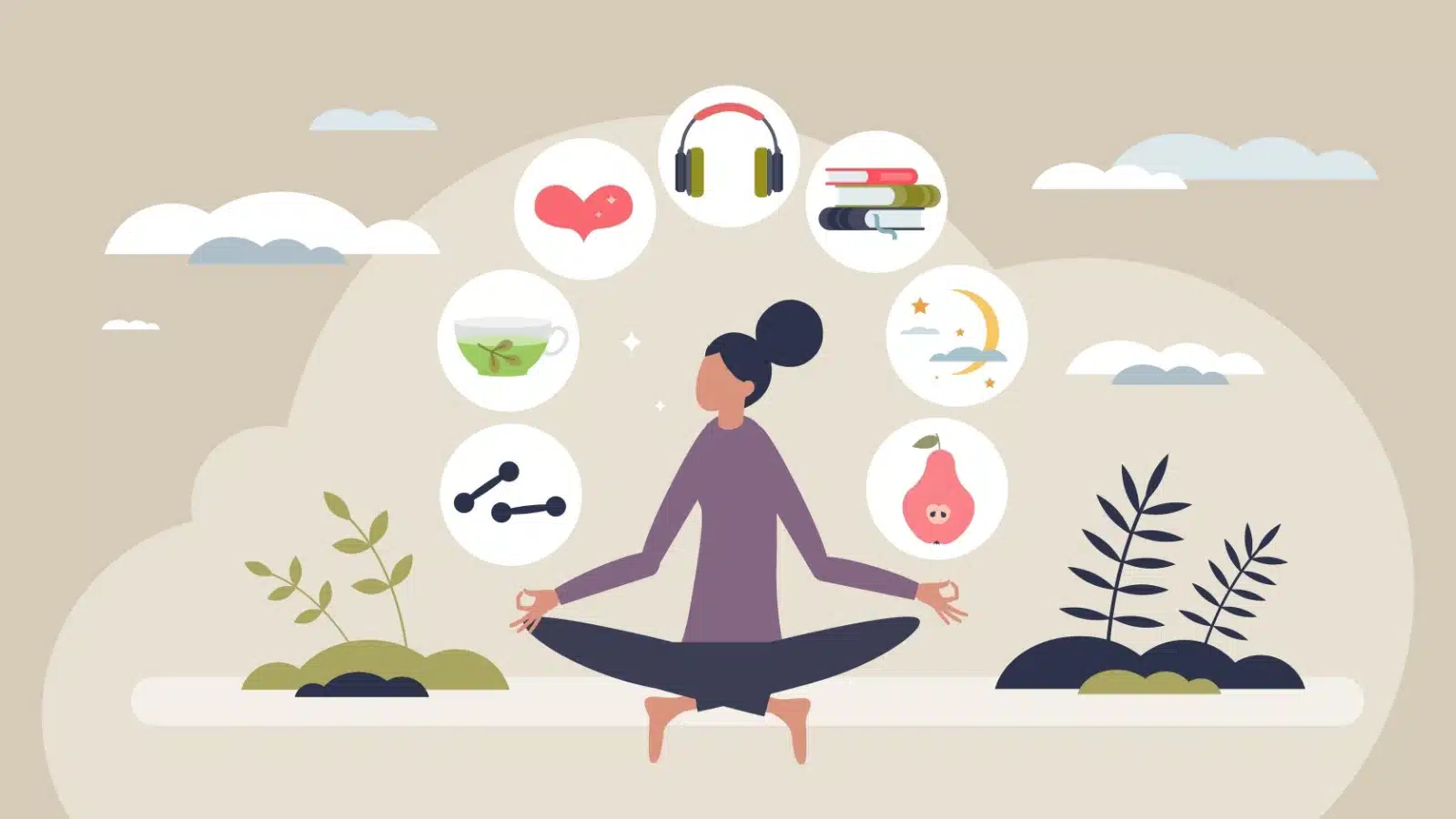 As a woman meditates, her thoughts show that all the things in her life are in harmony.