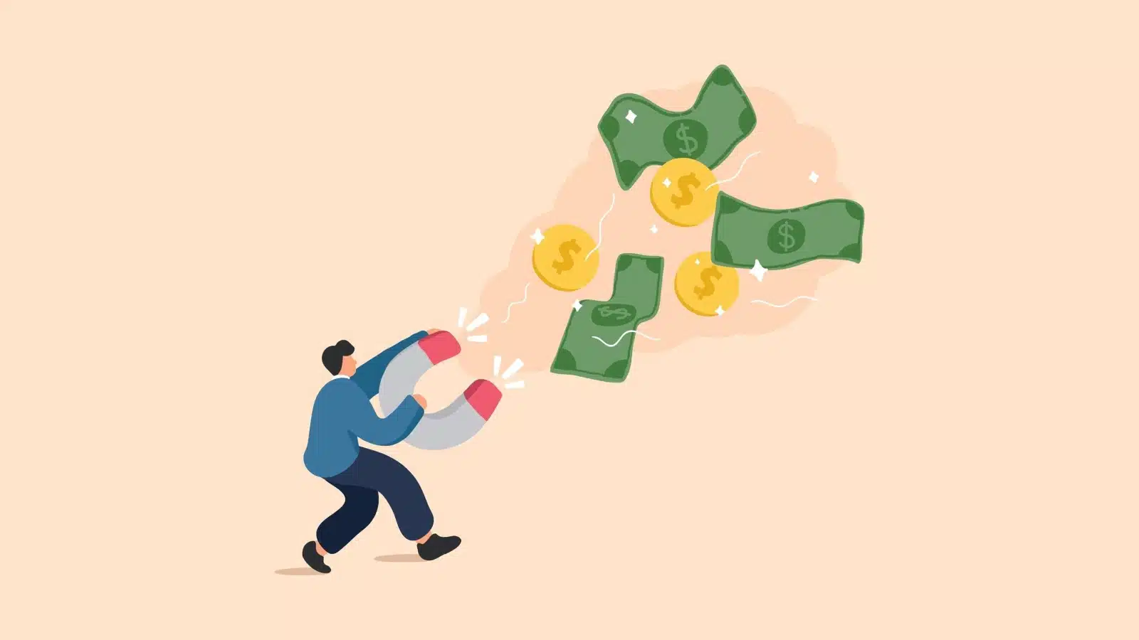 Illustration of a man using a magnet to attract money.