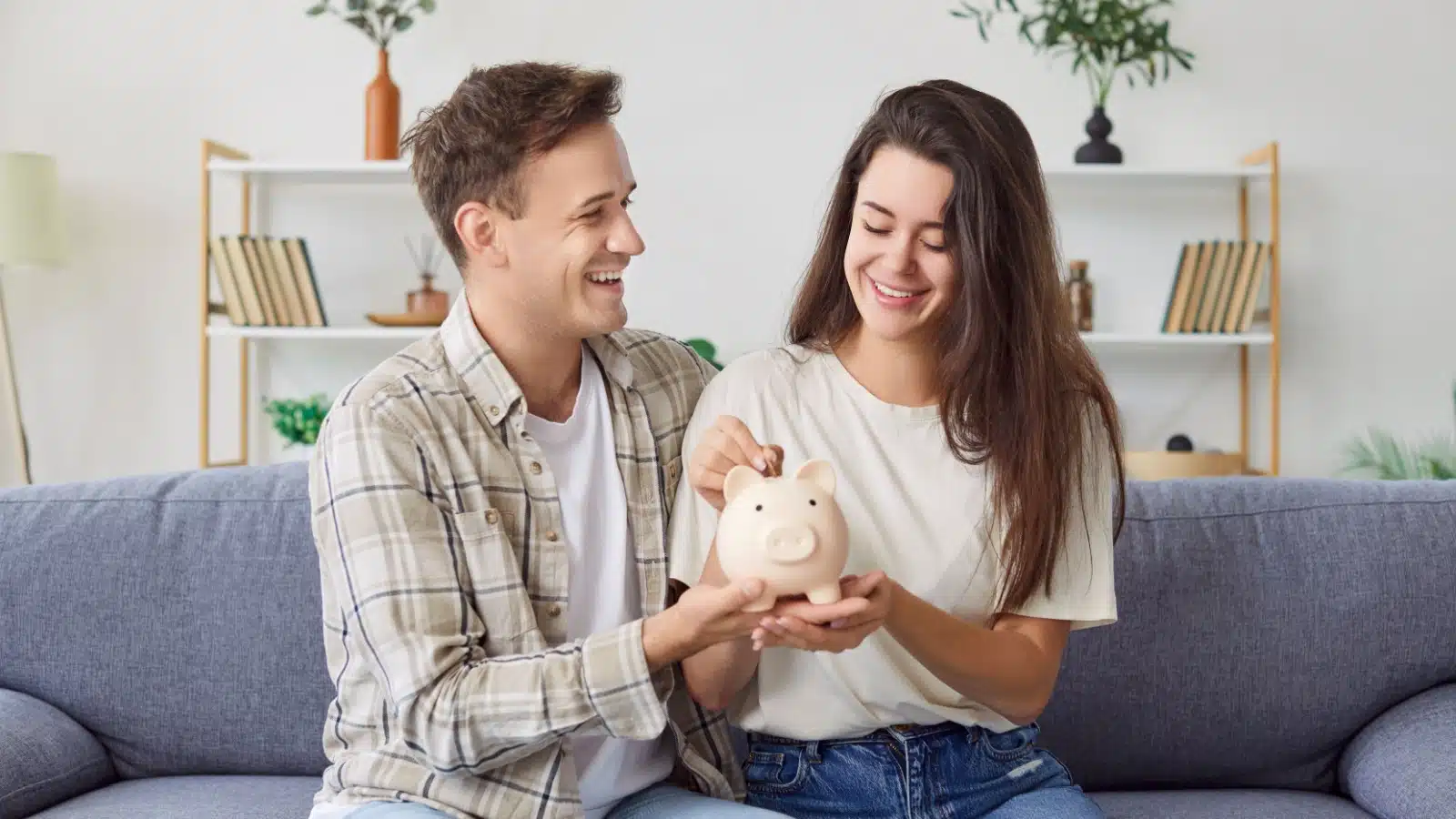 A happy couple sits on the couch, putting money into a piggy bank, to represent money saving hacks.