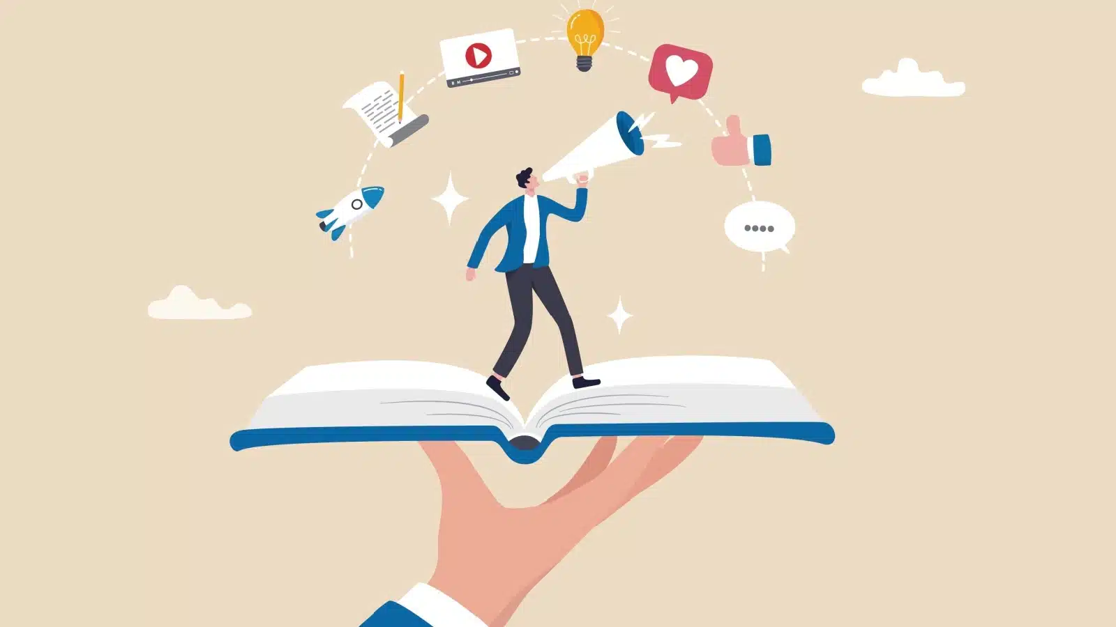 Illustration representing a story's narrator. A man with a megaphone stands in the open pages of a book.