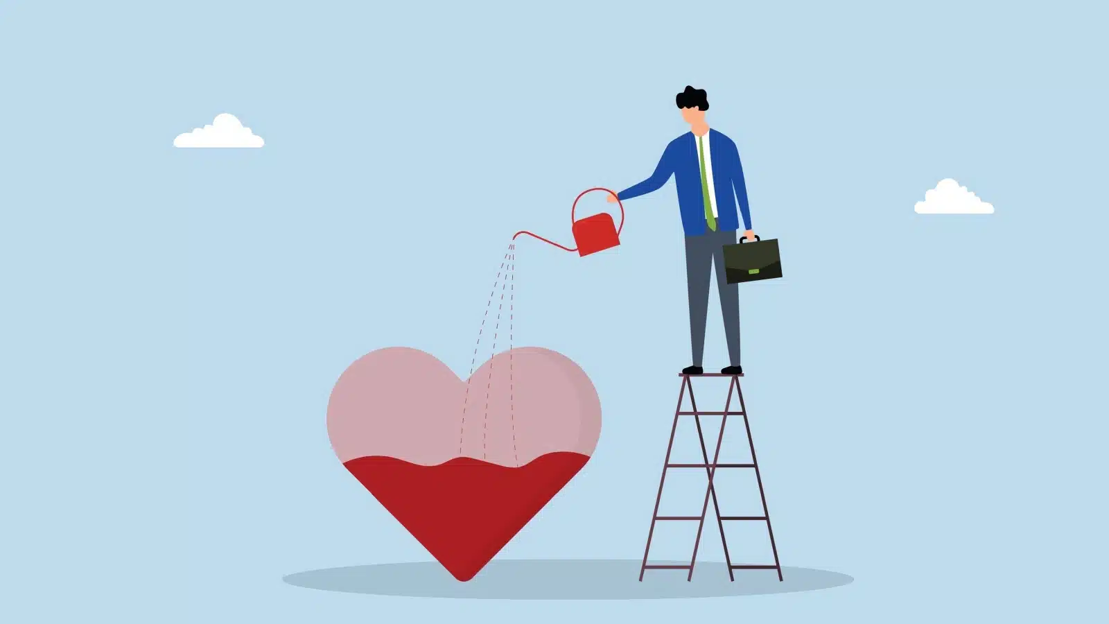Illustration of a businessman standing on ladder, watering his heart after finding a career he's passionate about. The illustration represents what finding your passion feels like.