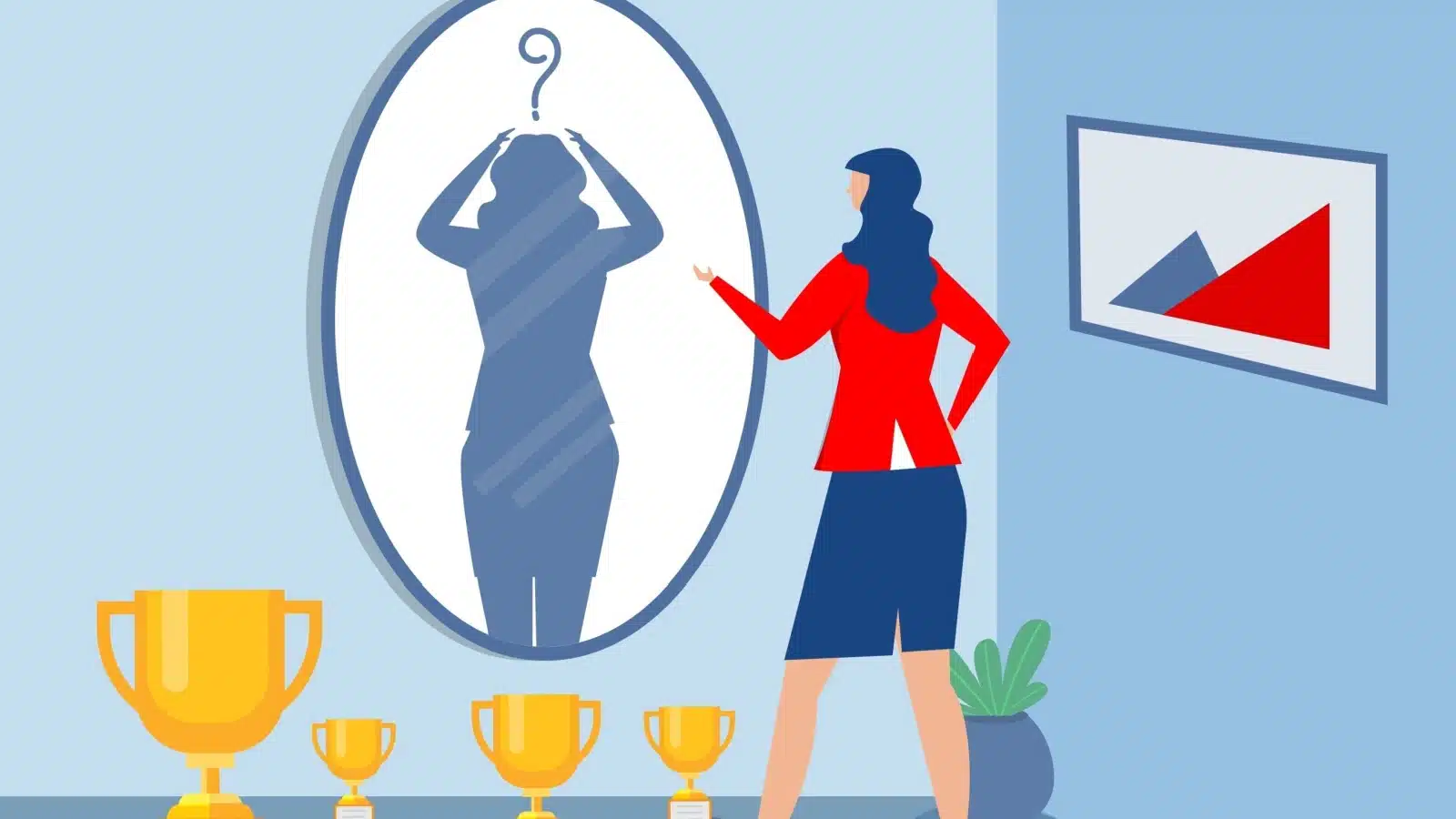 Illustration of a woman standing in front of a mirror with all her trophies, yet she's still unsure of herself. The image highlights how imposter syndrome and fear of failure could present as perfectionism.