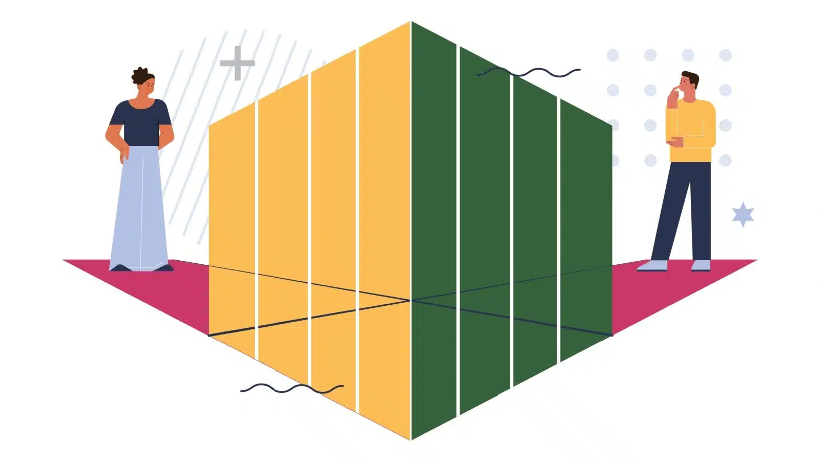 Illustration highlighting perspective. Two people look at the same thing from different points of view.