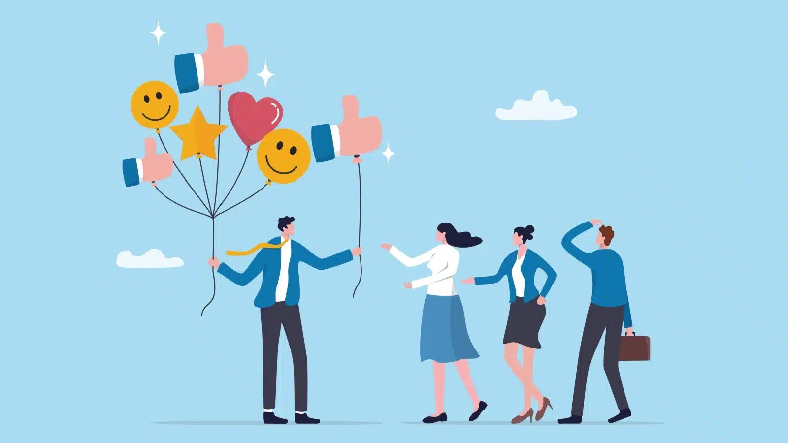 A man hands out balloons in the shapes of thumbs up signs, hearts, smiley faces, and stars to spread positive influence.