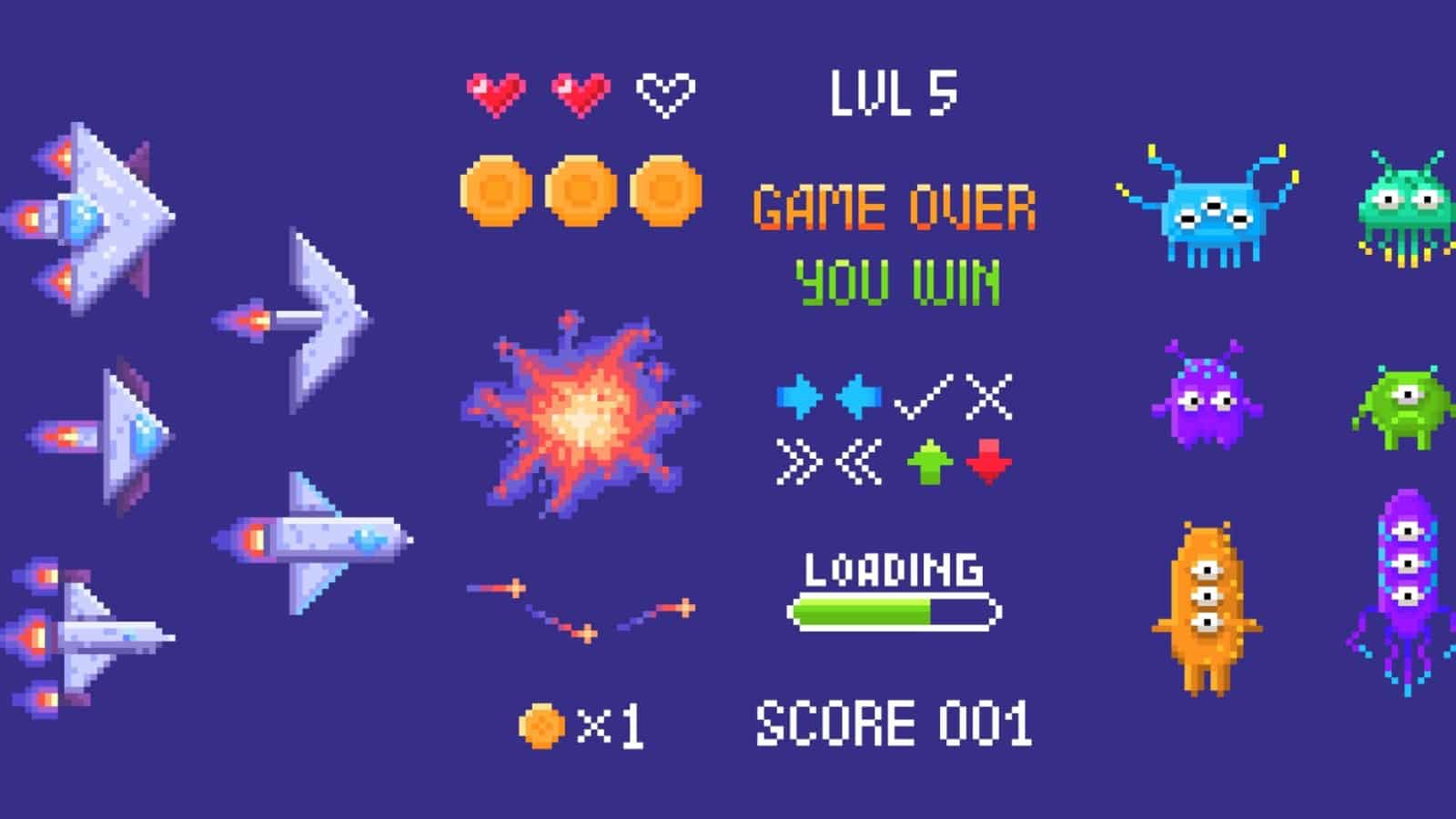 Graphic containing popular imagery from a variety of retro games from Space Invaders to the Legend of Zelda. 