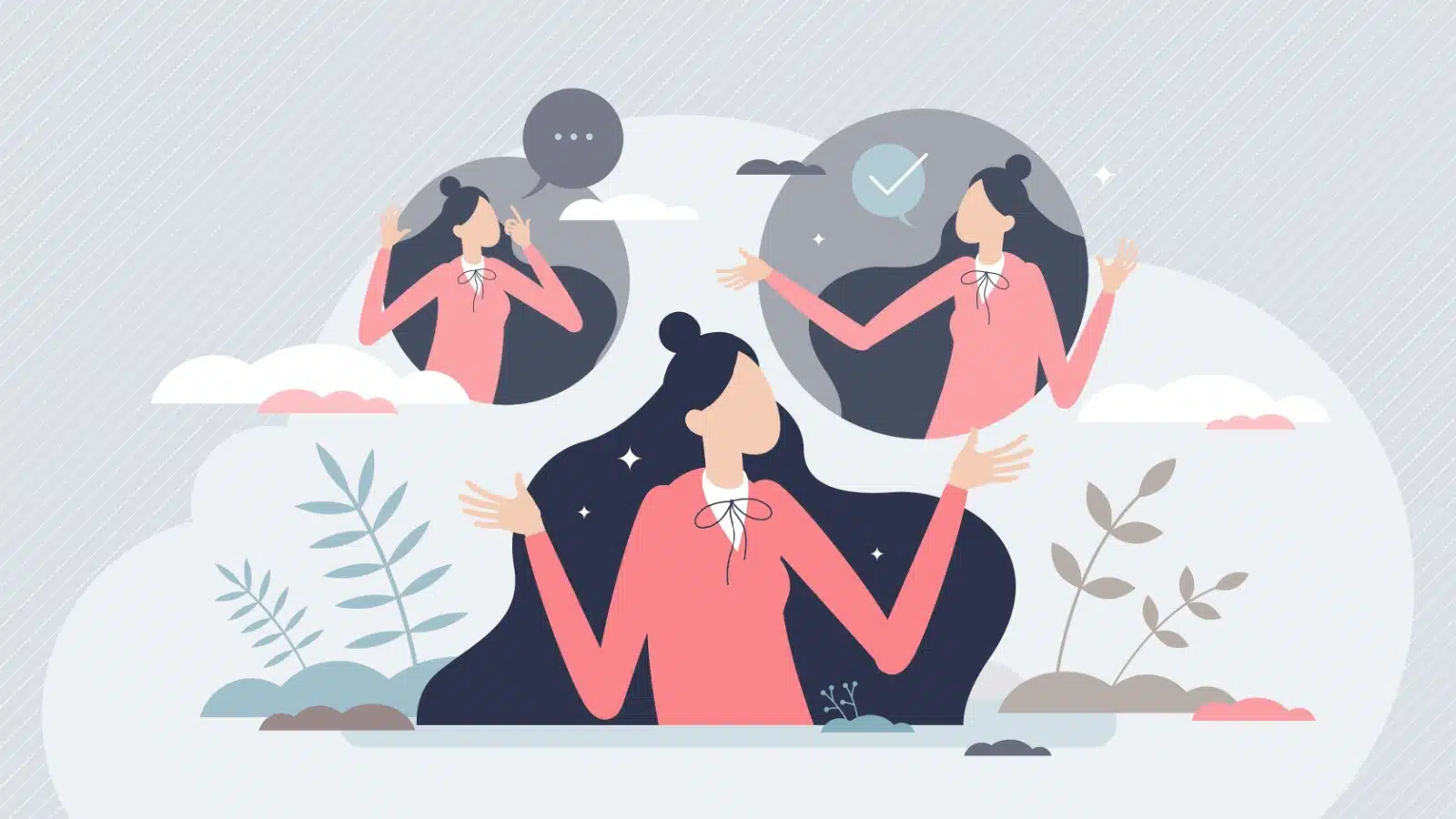 Illustration of a woman juggling her self doubt and inner critics.