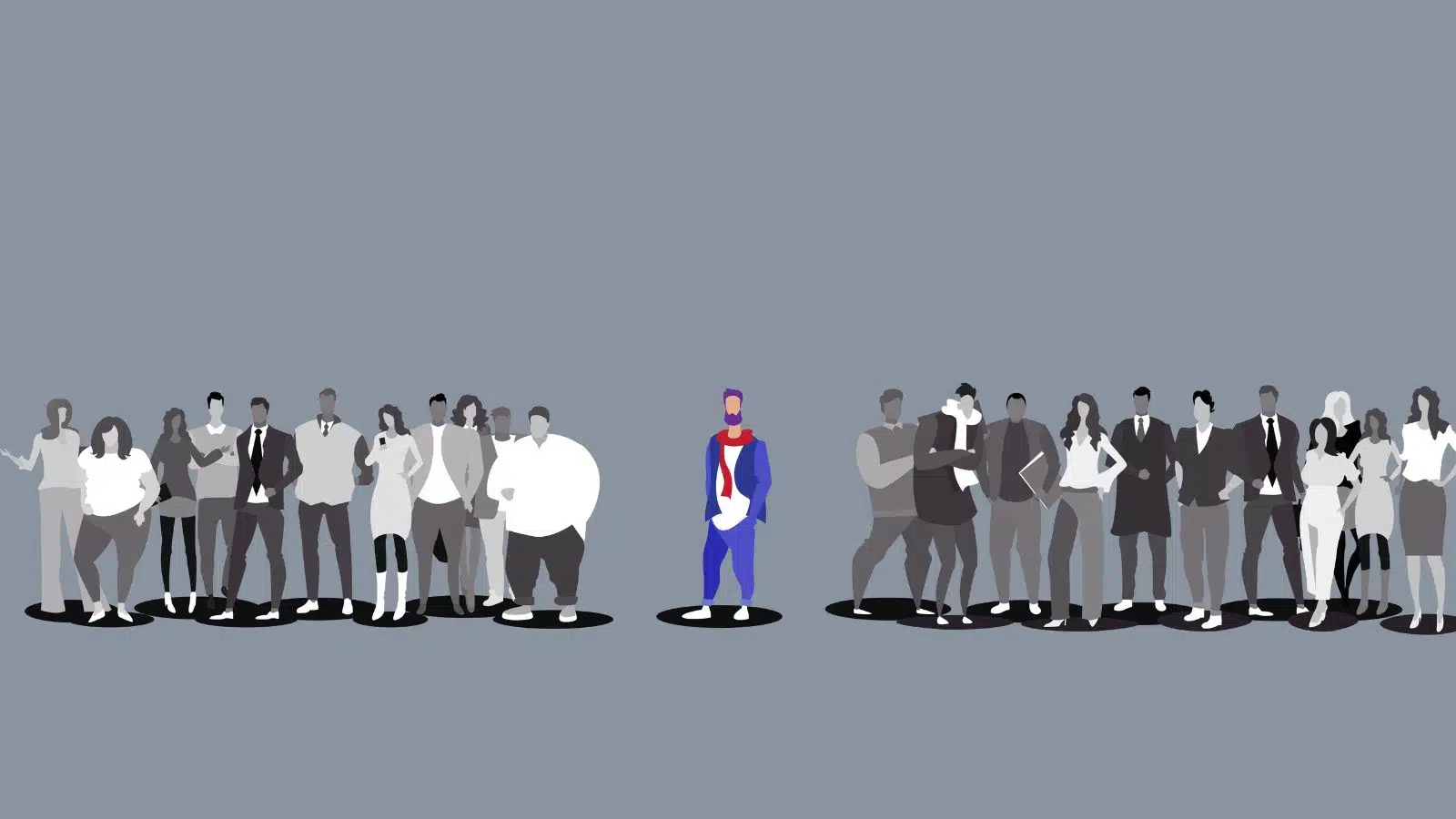 A man dressed in color stands out from the crowd, who are all dressed in drab black & white.
