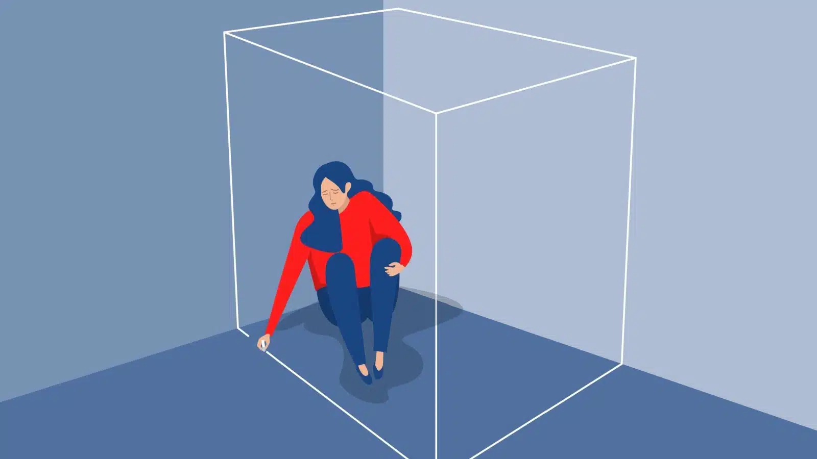 A woman refuses to leave a box she's drawn herself into. She's stuck in her comfort zone.
