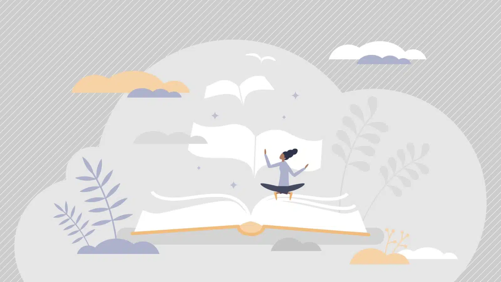 Illustration representing how an author writes their theme in the subtext. The writer sits atop an open book, writing on a paper floating above the pages.