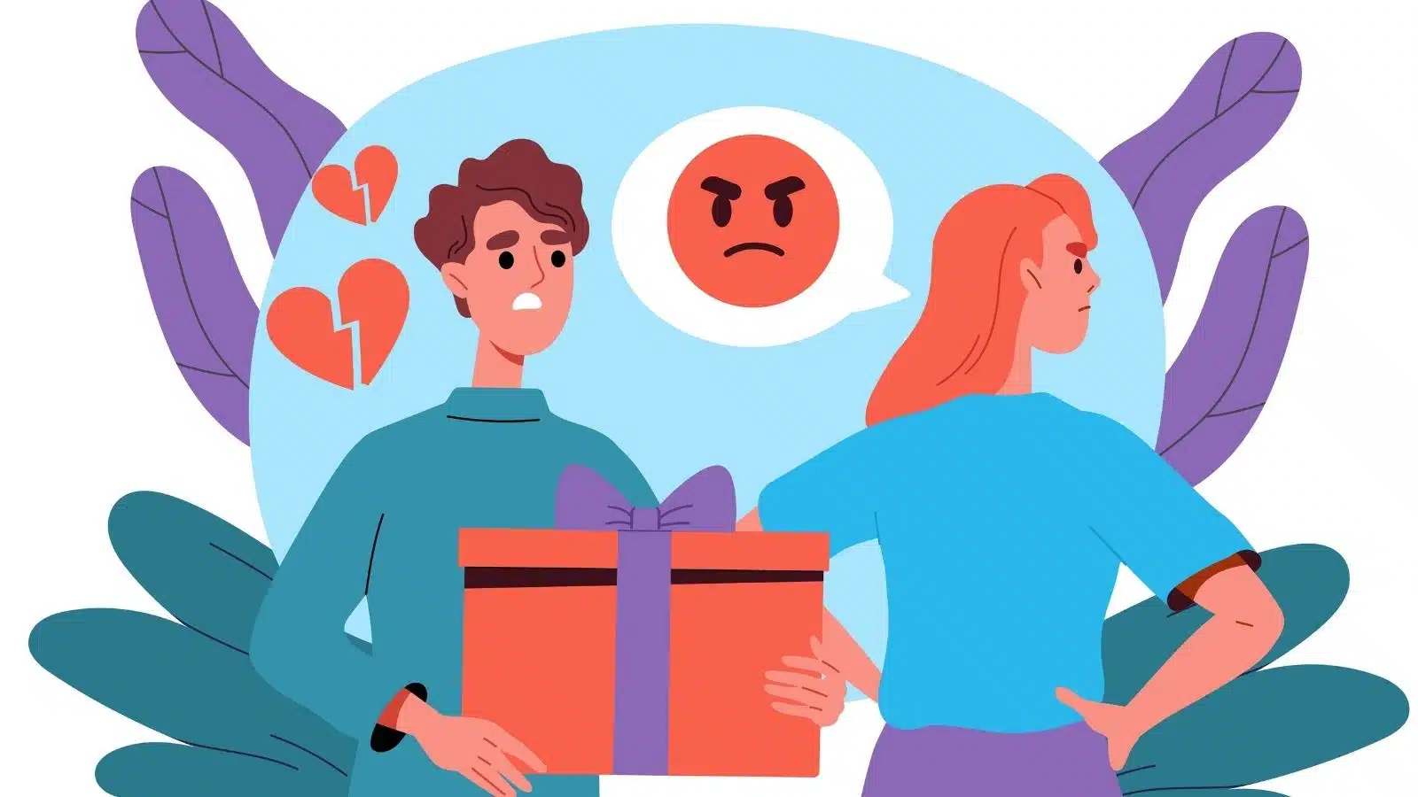 Cartoon of a sad looking man presenting a gift to his angry girlfriend. 