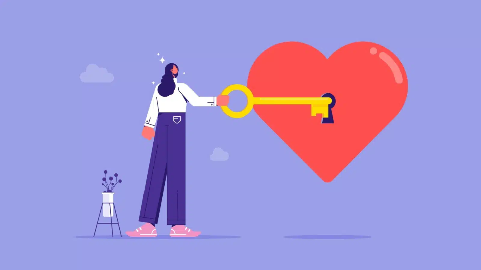 Illustration of a woman using a big key to unlock a giant heart. The image helps us understand what passion is and represents unlocking yours.
