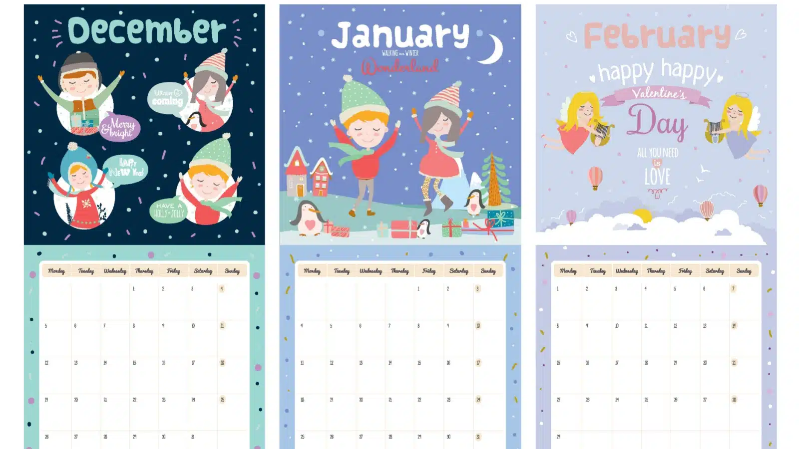Cute calendar showing December, January, and February, the months we usually think of when we think about the winter season.