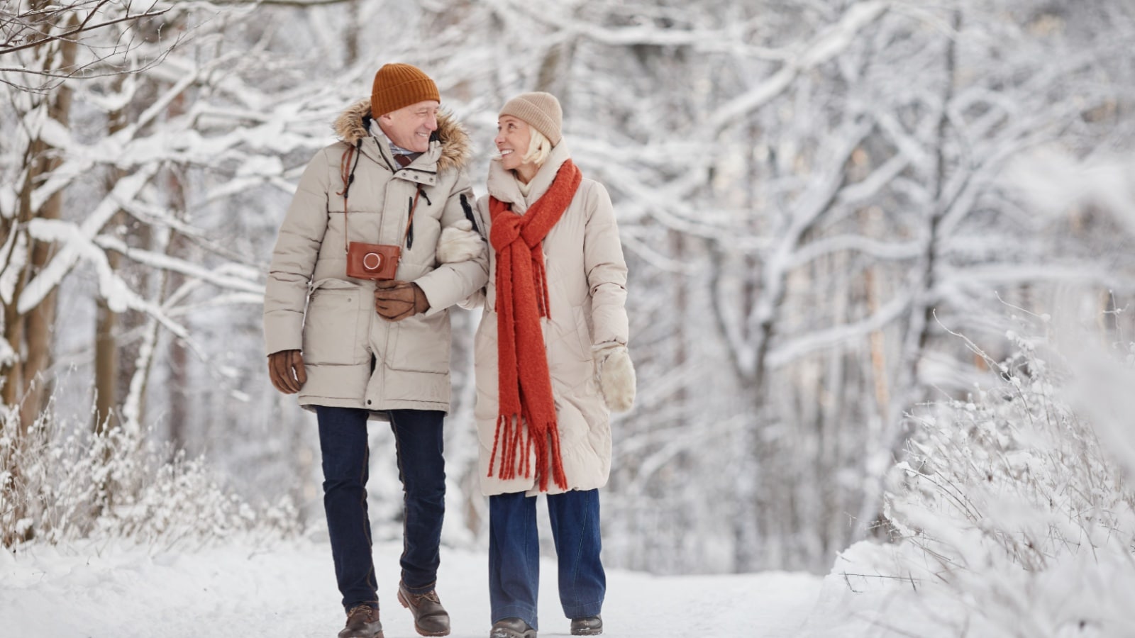 A happy senior couple taking a walk in the snow to represent the winter season.