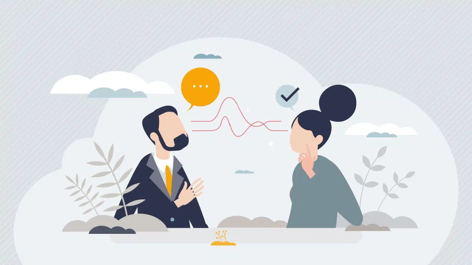 An illustration that represents active listening. A man is talking, and there's a check mark next to a woman to highlight that she's hearing what he is saying.