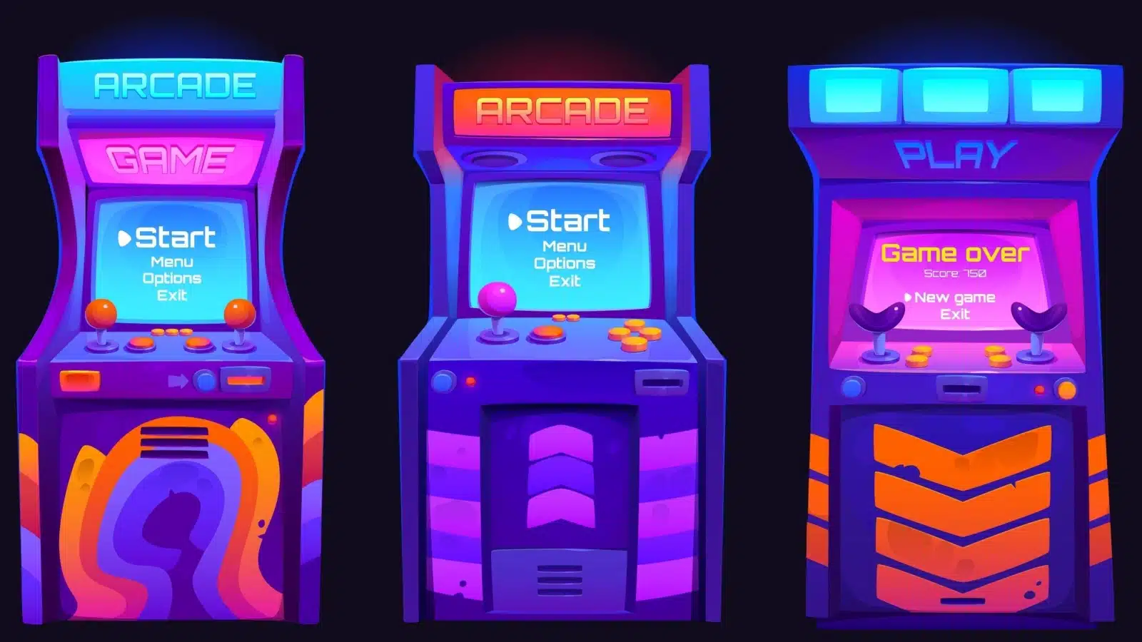 Vibrant illustration of three arcade game cabinets.