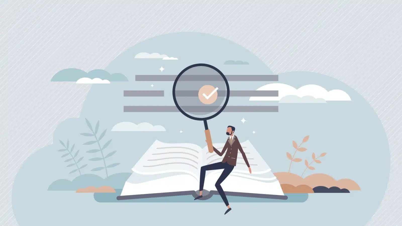 Graphic representing etymology, the study of words. A cartoon man sits on a book, examining the words with a magnifying glass to learn where they came from.