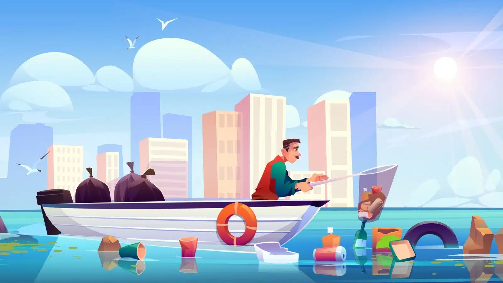 Cartoon image of a man using a net to fish garbage out of the water.