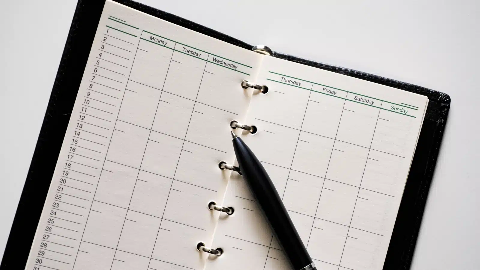 Printable planner pages in a ringed notebook. 