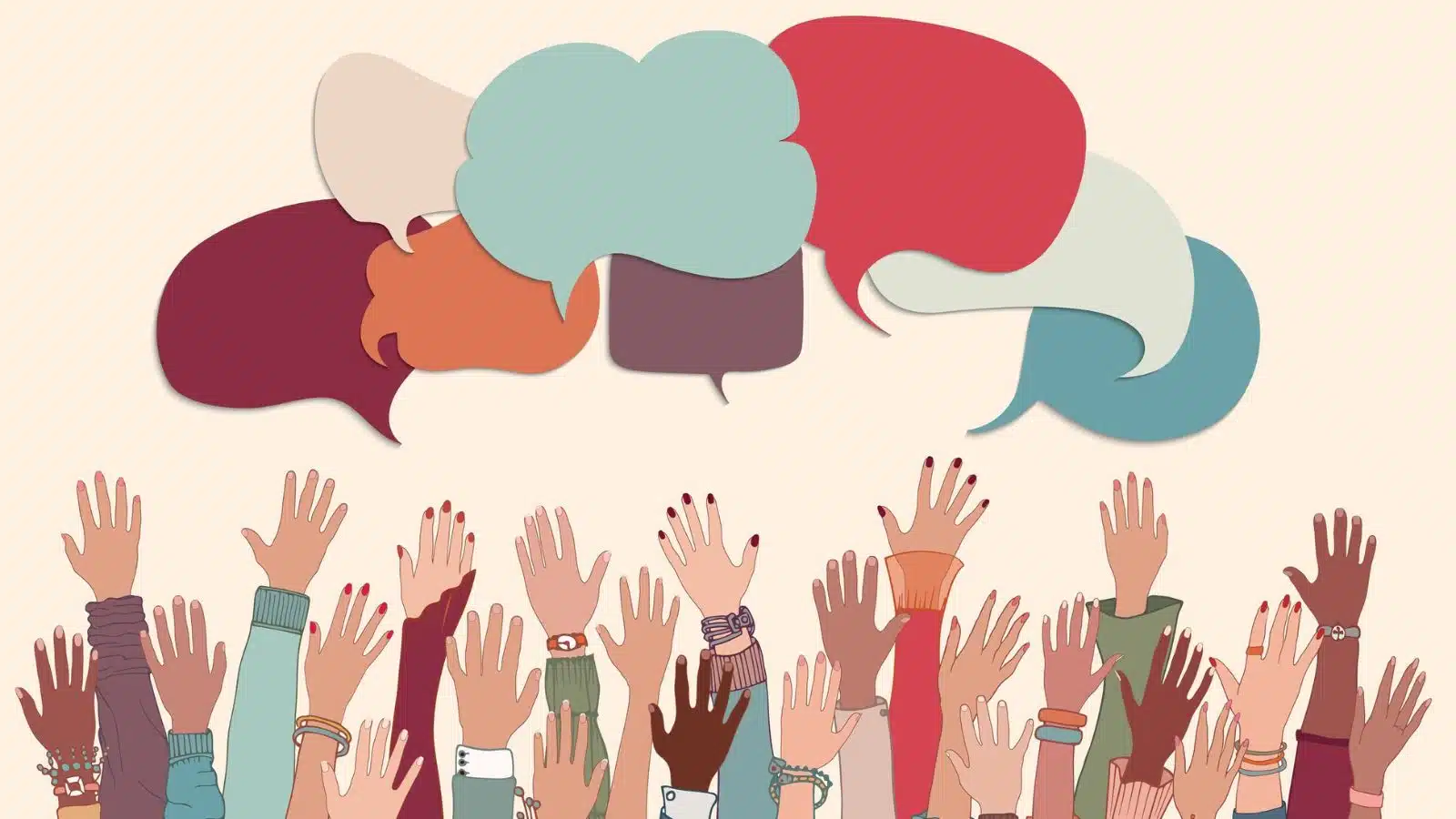 Illustration representing a group of people speaking up. Hands are reaching up to speech bubbles.