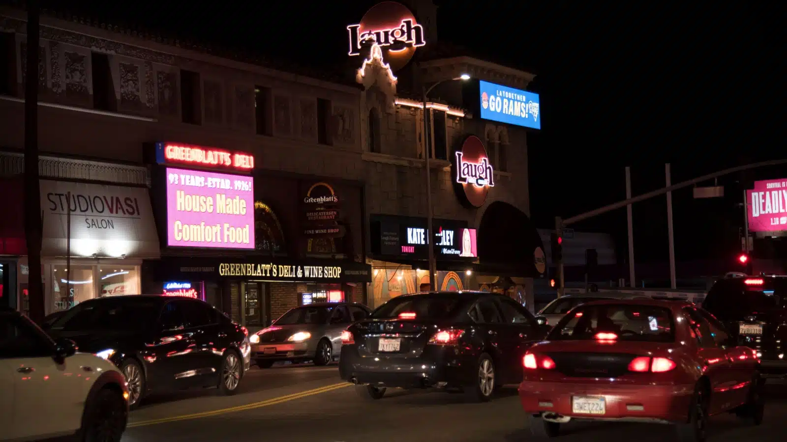 Part of the Sunset Strip near West Hollywood at night.