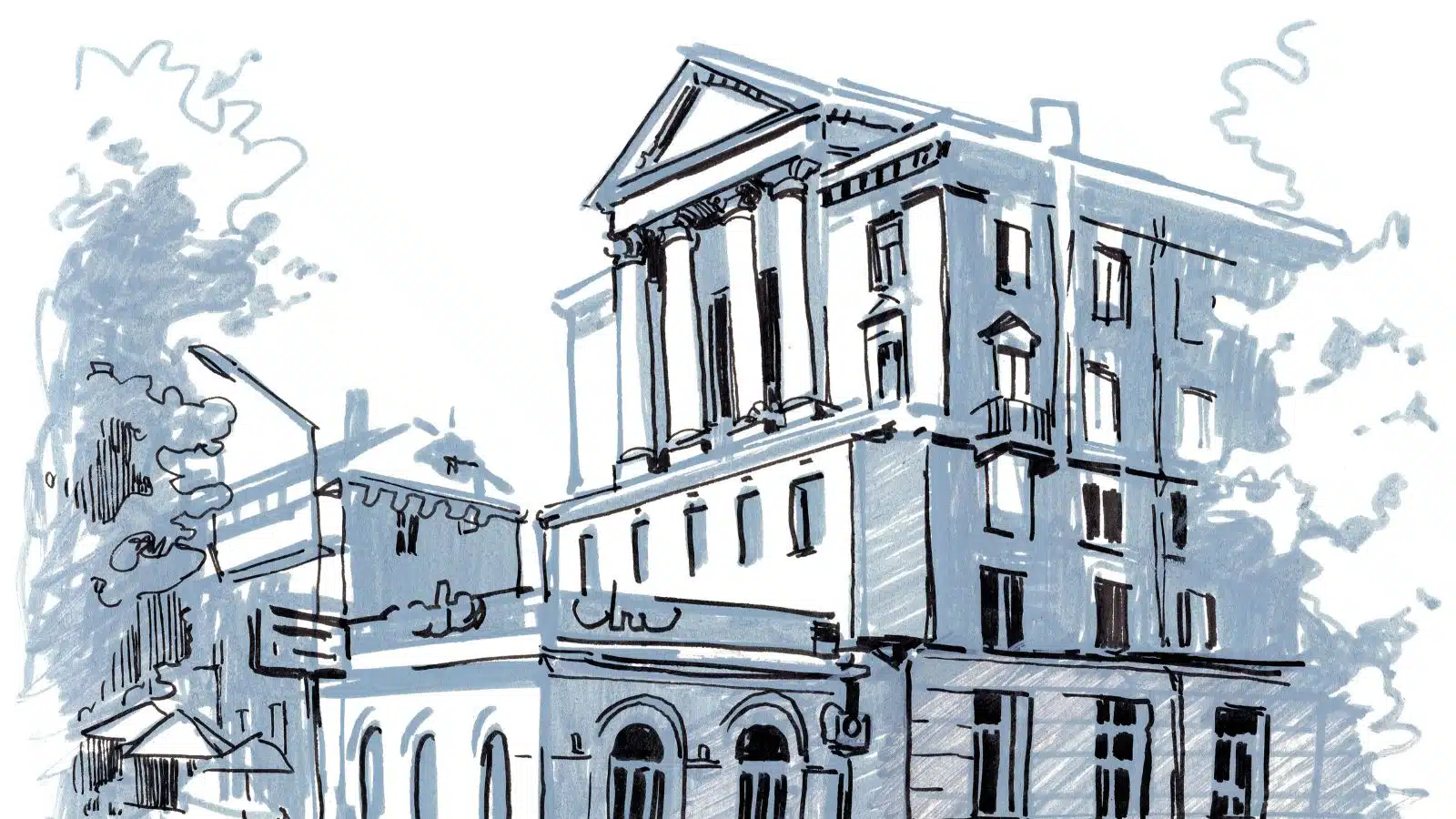 A bluish sketch of a building.