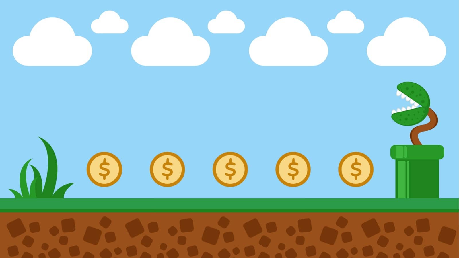 Video game money concept art. A trail of coins leads to a monster plant. 