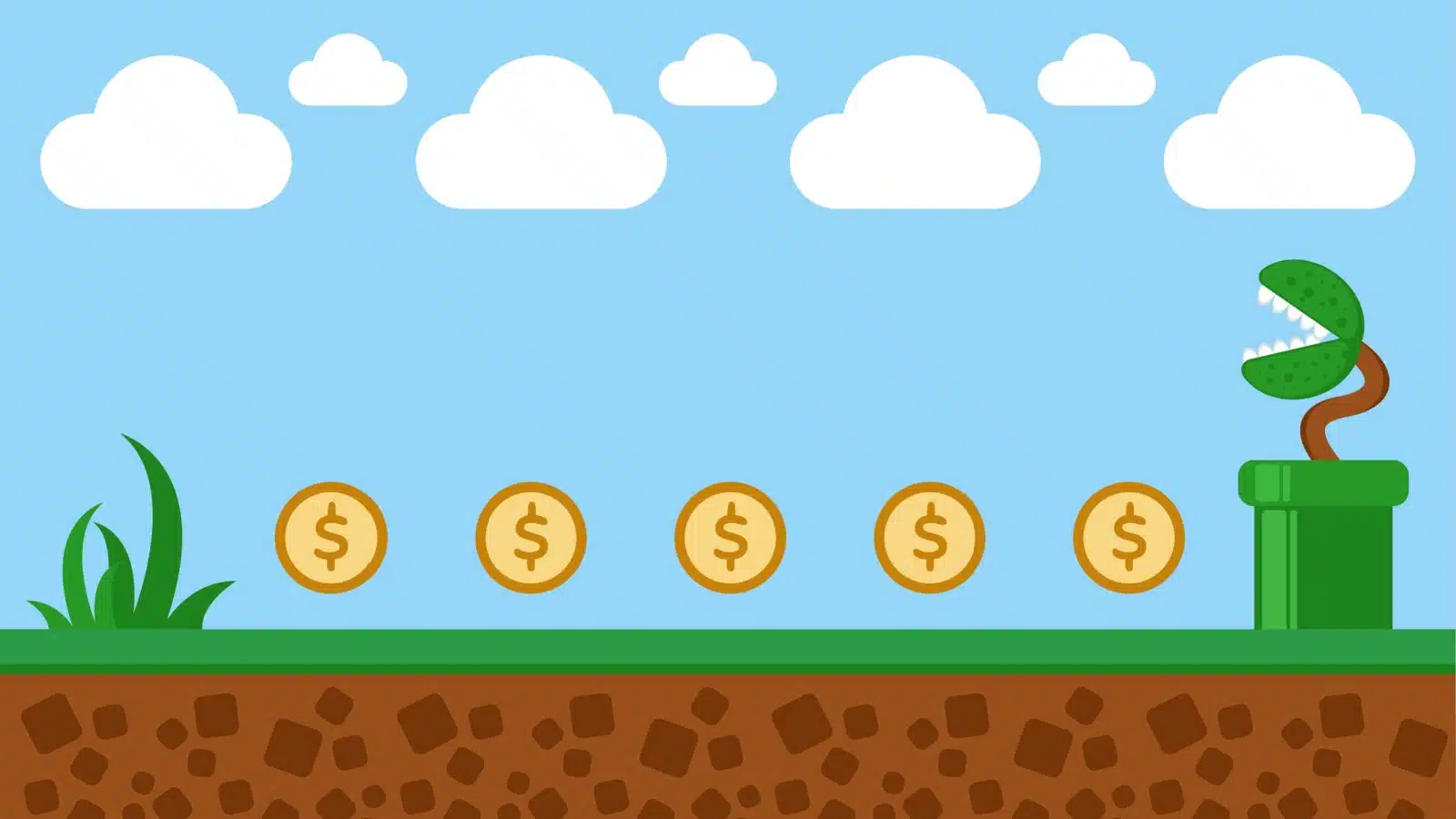 Video game money concept art. A trail of coins leads to a monster plant.
