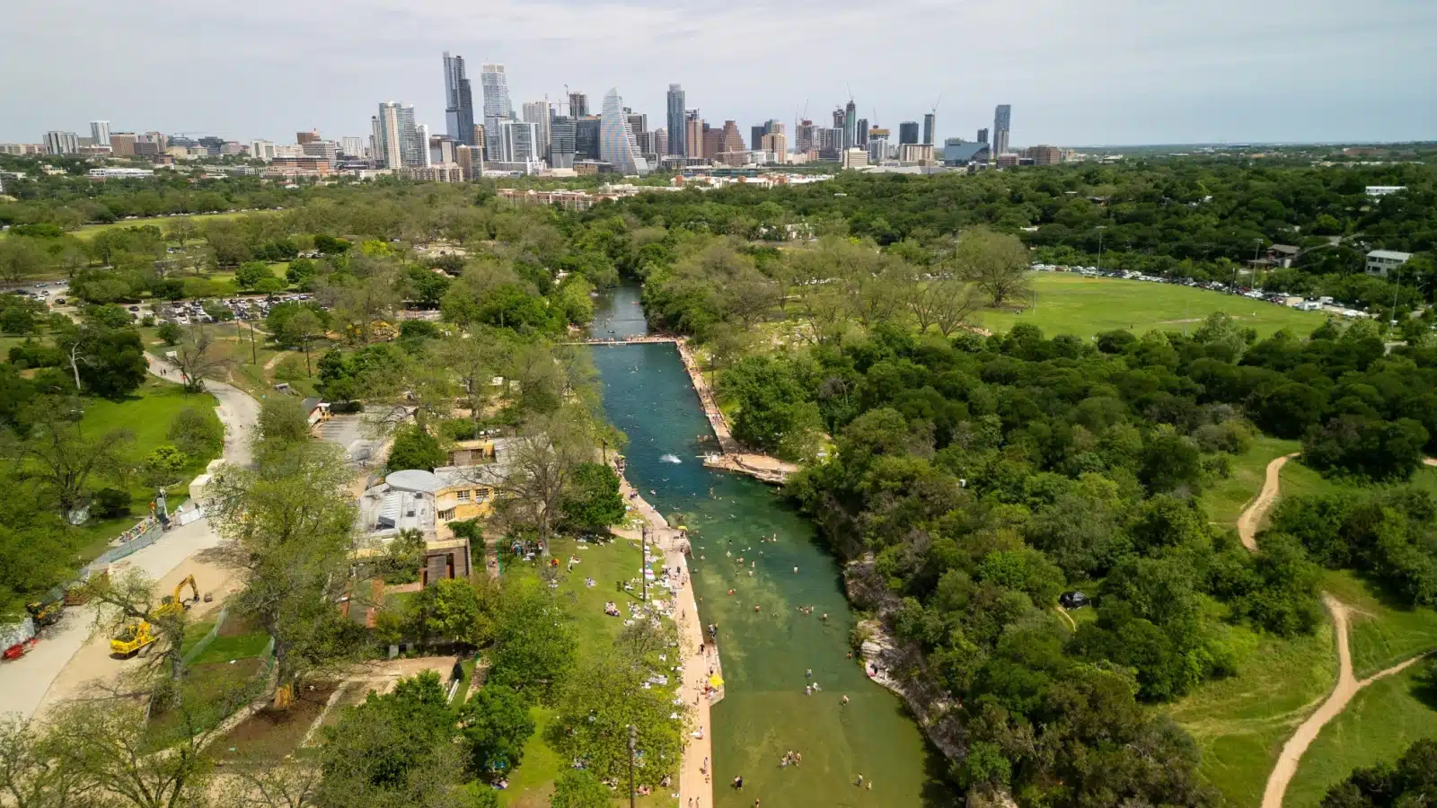 Ariel view of Barton Springs Pool and Zilker Park in Austin.