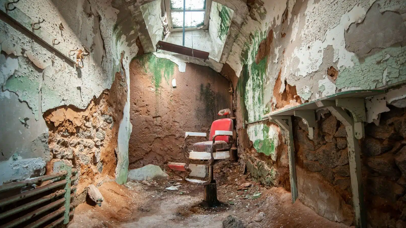 The iconic red barber's chair at Eastern State Penitentiary in Philadelphia.