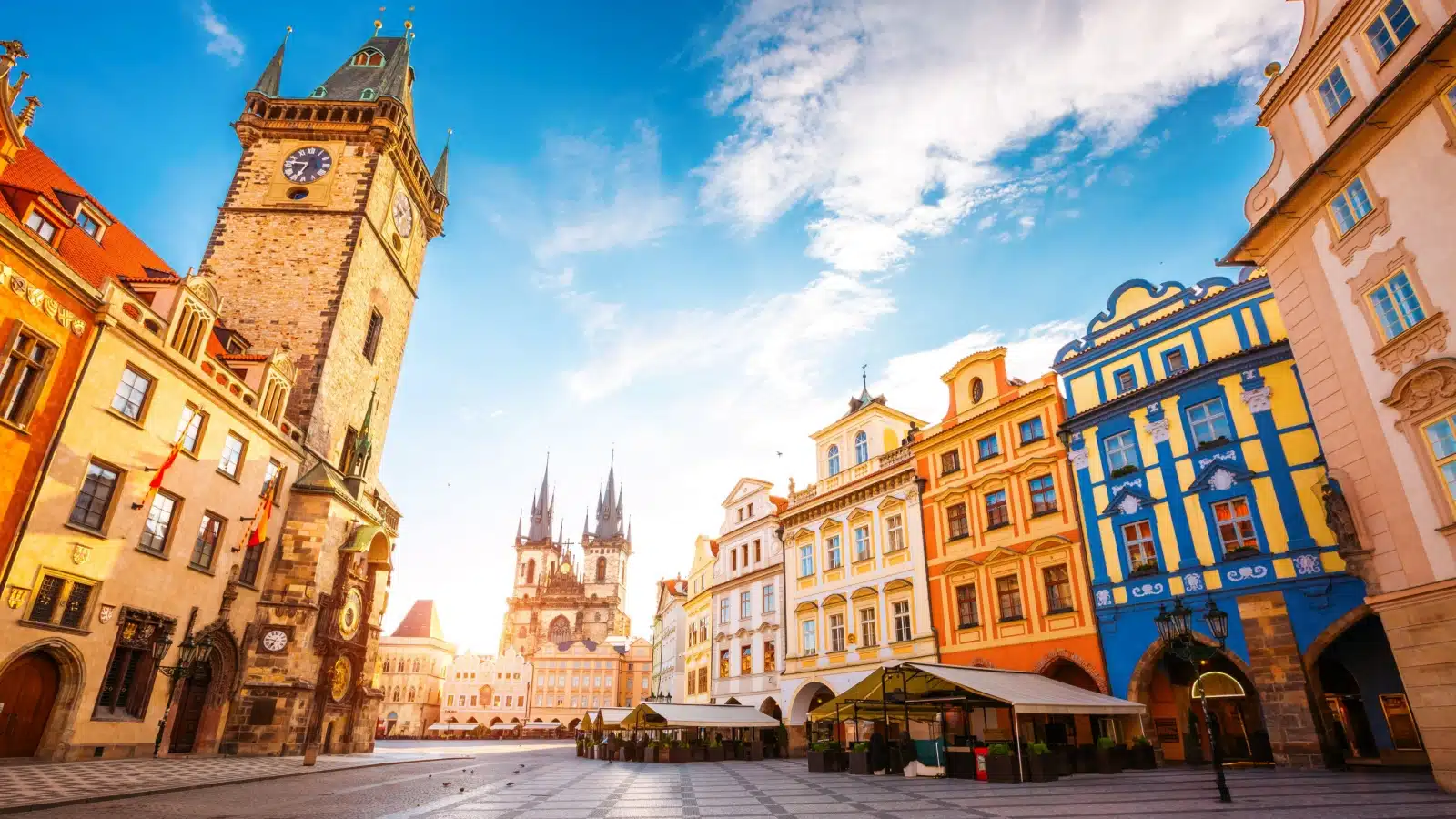 A cool view of Prague's Old Town Square near the Astronomical Clock sweeping upwards. 