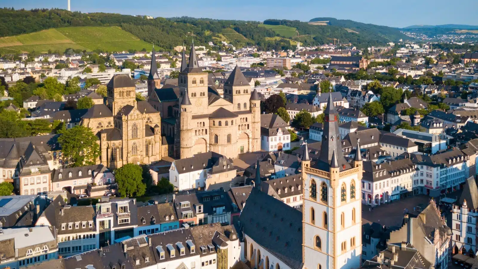 Aerial panoramic view of Trier, Germany with the Church. 