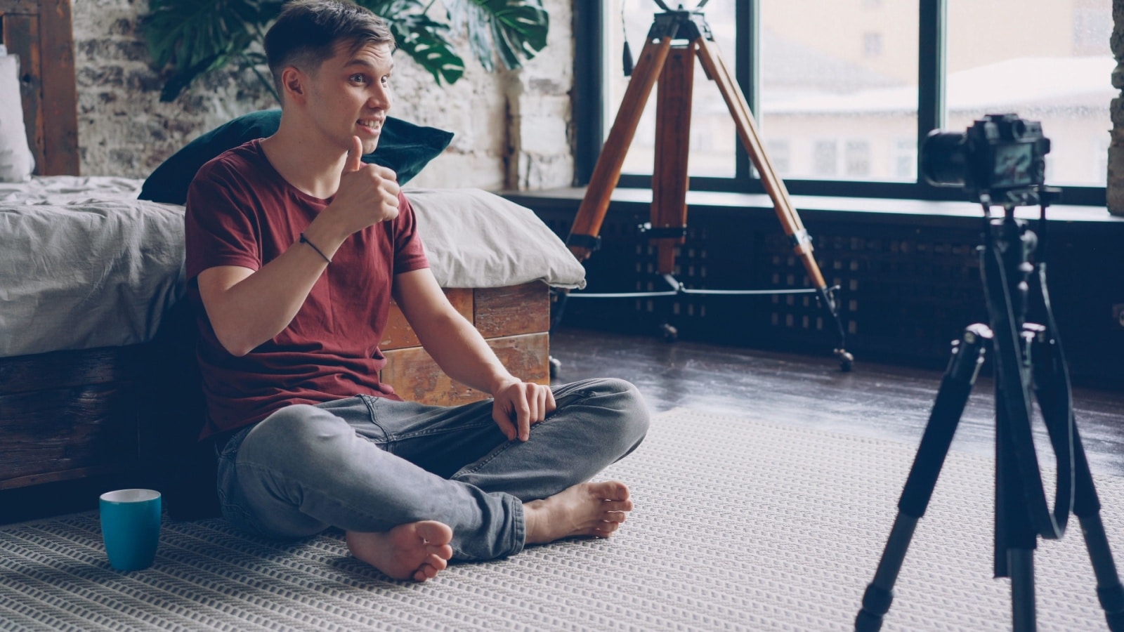 A Youtuber recording a video.