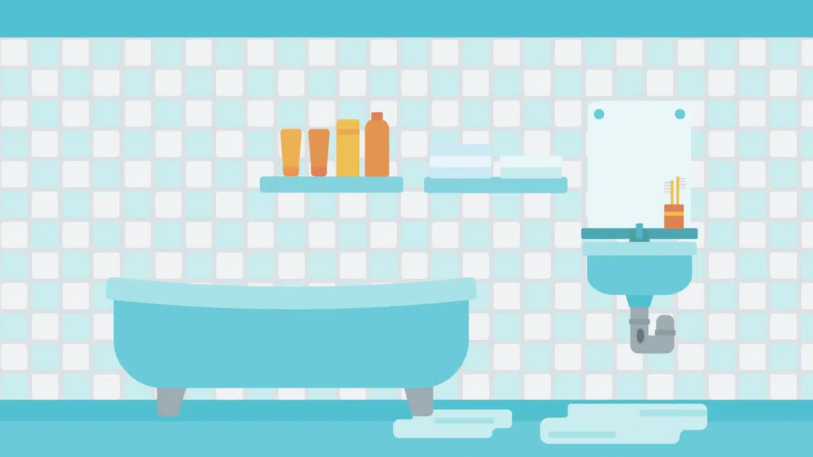 A pretty blue cartoon bathroom with a leaky sink.