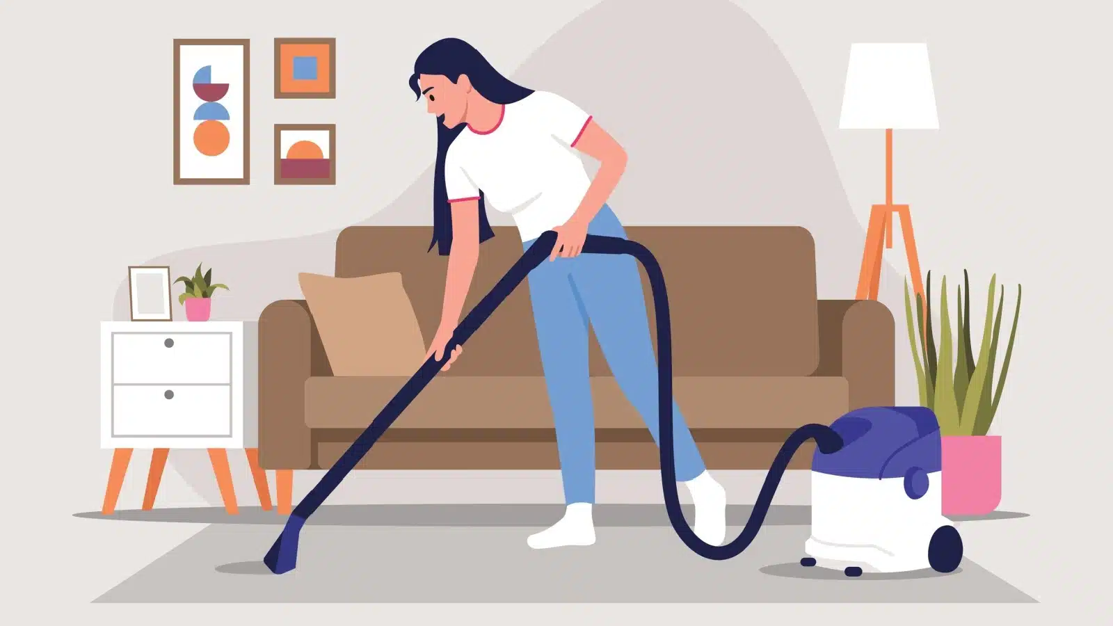 Cartoon image of a woman vacuuming the carpet while cleaning the house.