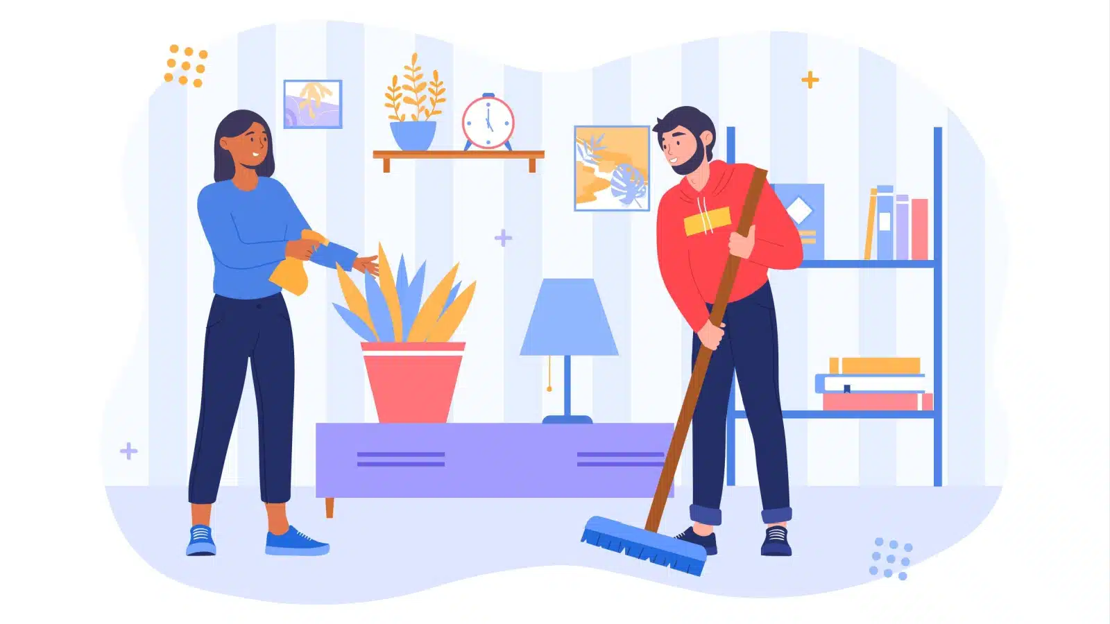 A cartoon couple does chores together.
