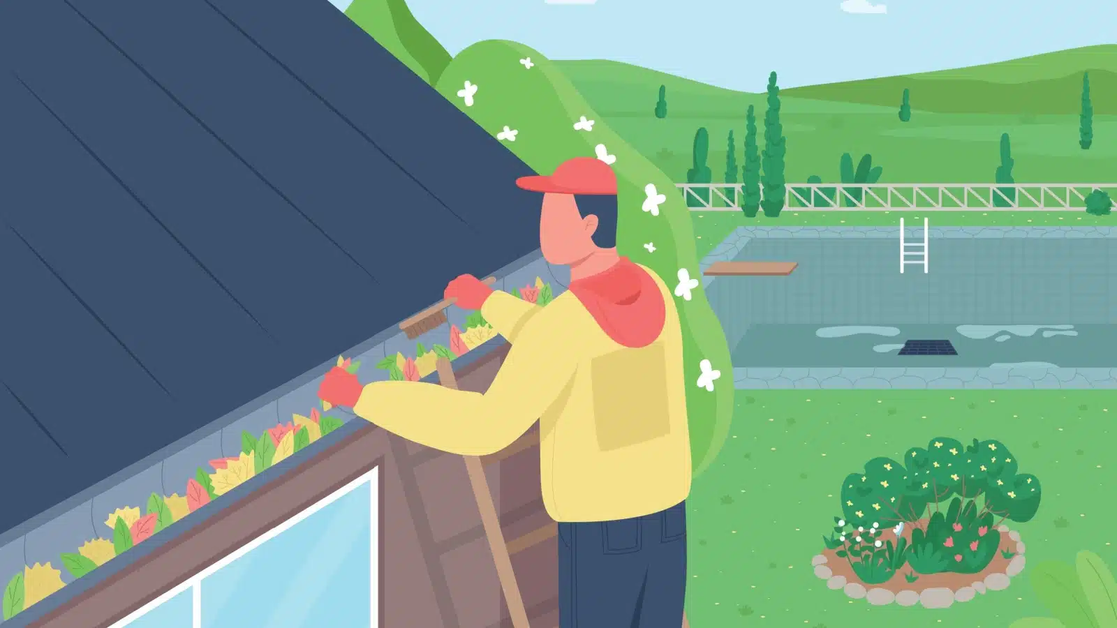 Graphic of a man cleaning out the gutter in the spring.