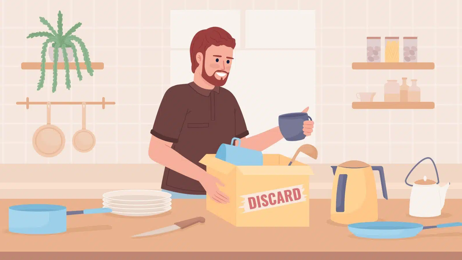 Cartoon of a man discarding kitchen items he no longer needs.