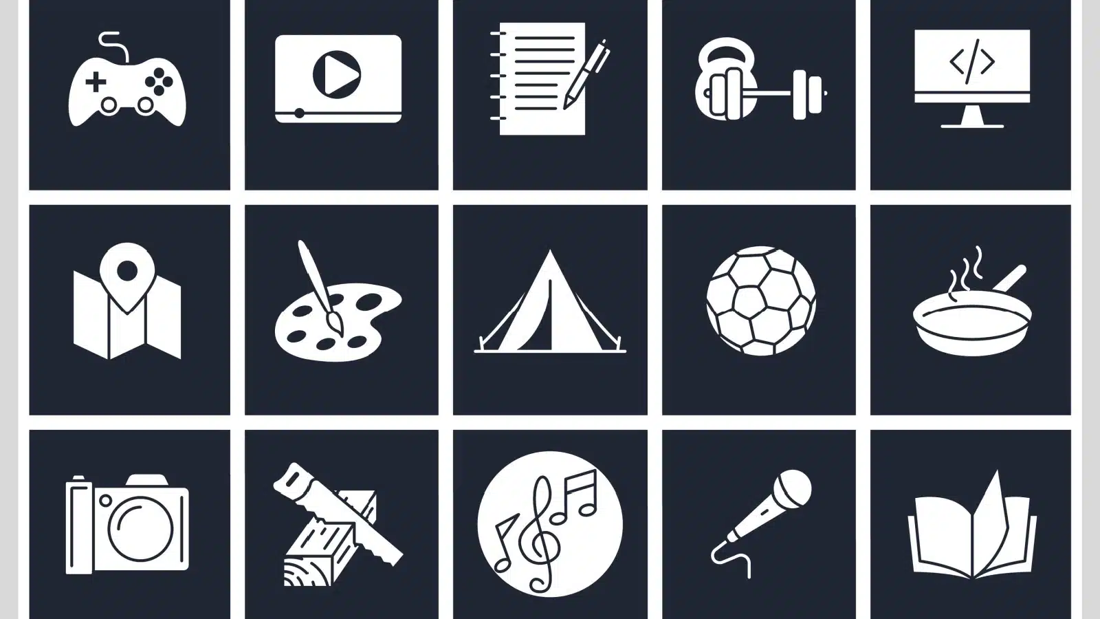 A variety of hobby icons showcasing different things you can add to your bucket list.