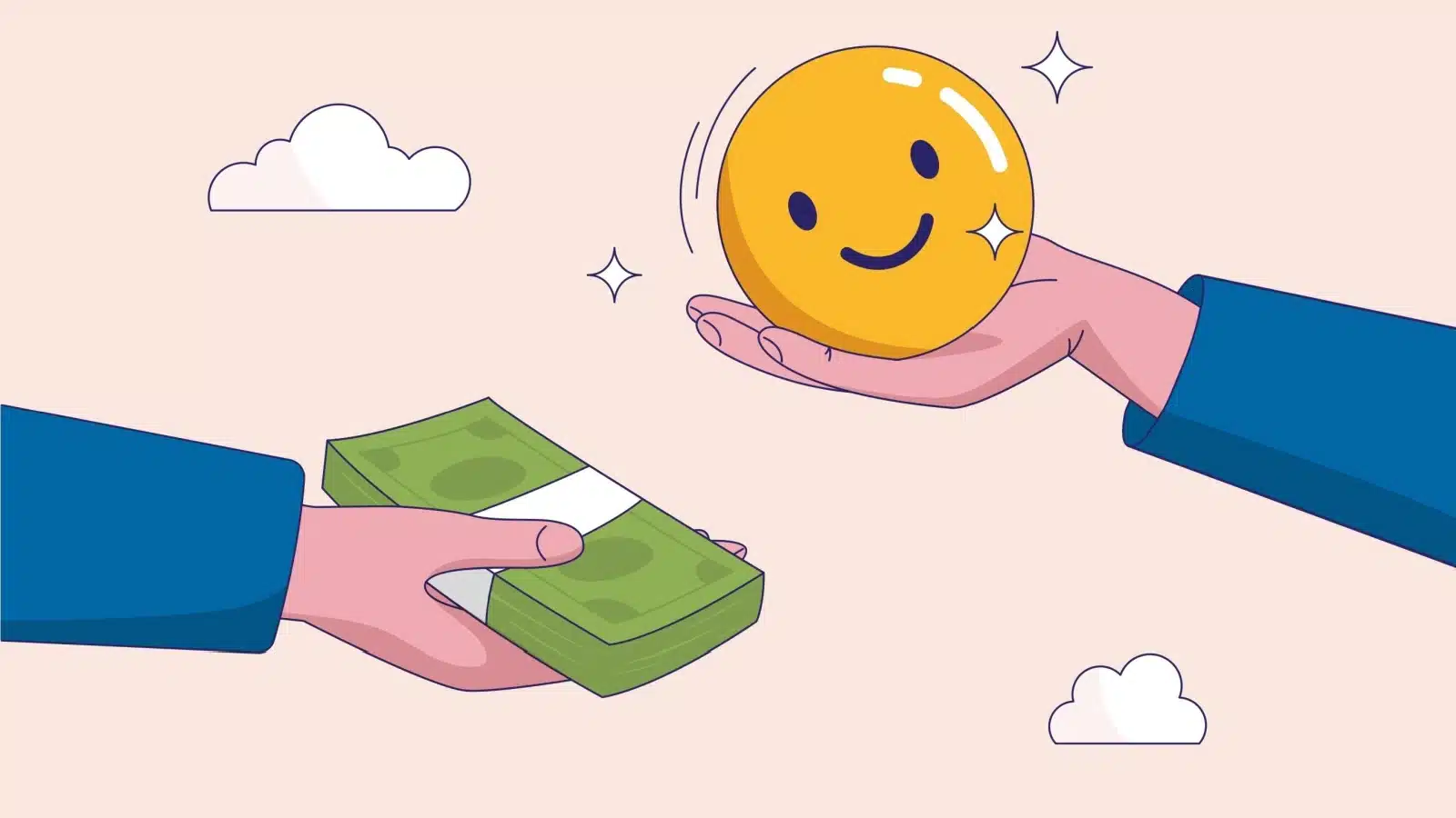 An illustration of hands exchanging money for happiness to represent spending money on things that enhance your life.