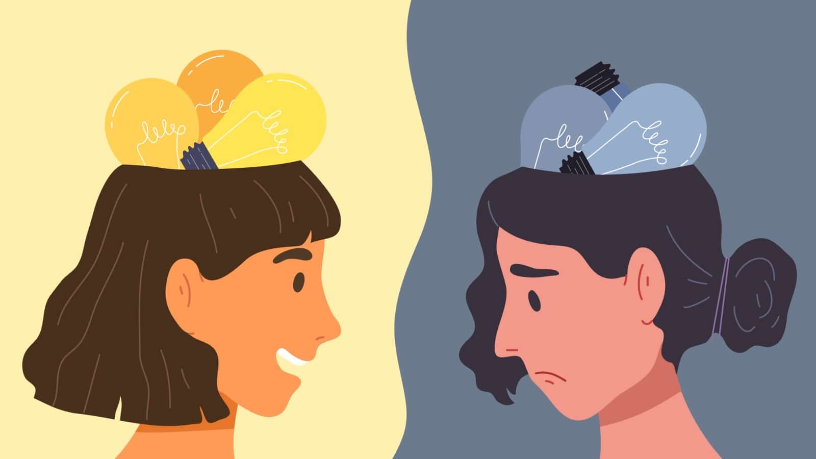 Graphic representing a woman who is not passionate about anything. In one panel she's sad, and all the light bulbs in her head our out. But she fixed it, because she's happy in the next, with the light bulbs on.