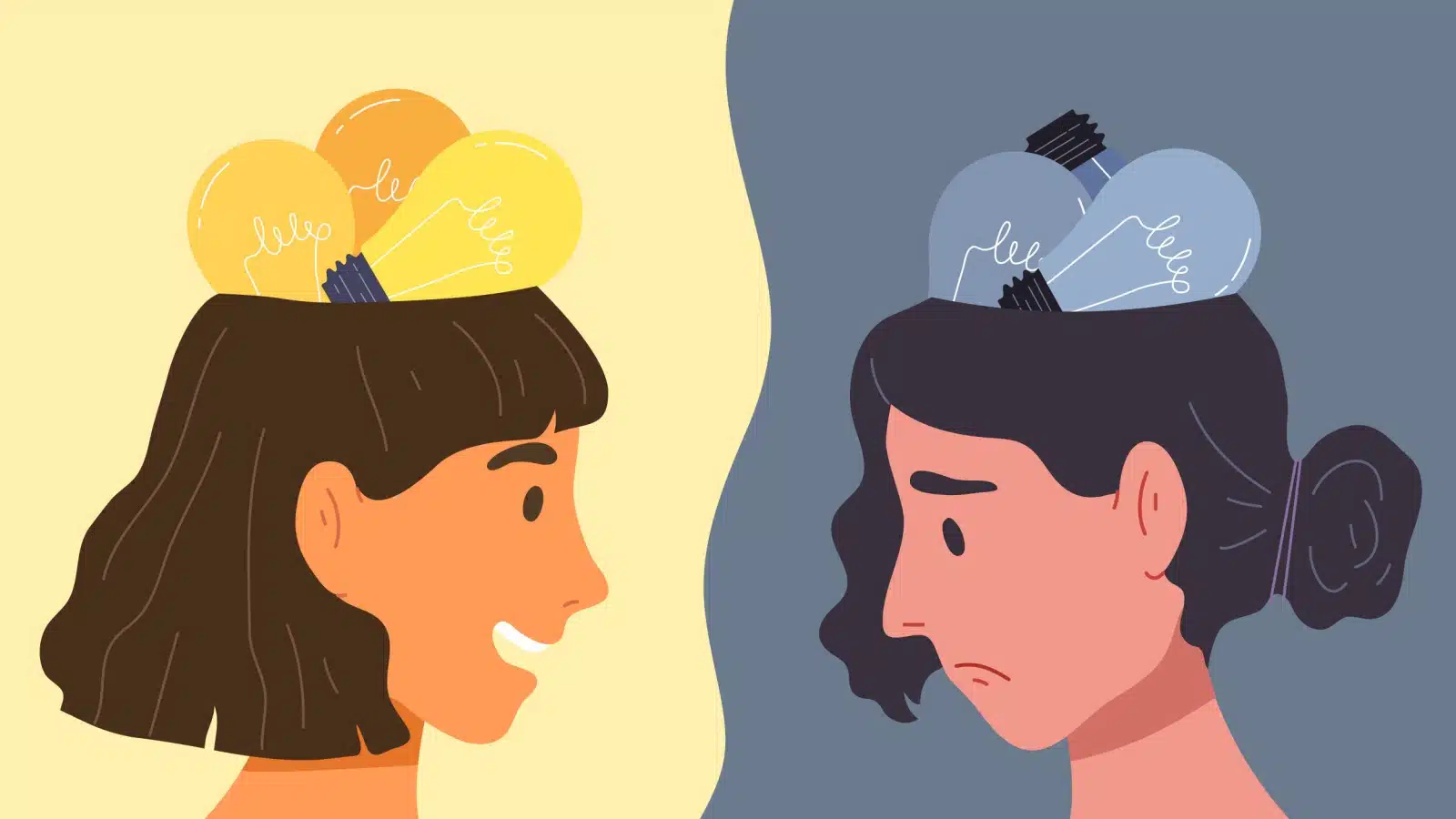 Graphic representing a woman who is not passionate about anything. In one panel she's sad, and all the light bulbs in her head our out. But she fixed it, because she's happy in the next, with the light bulbs on.