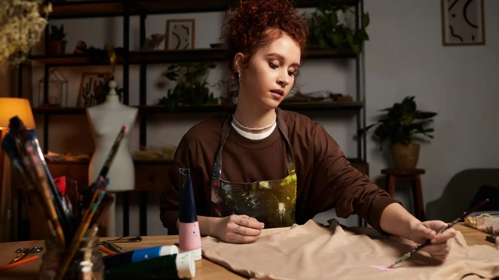 A woman paints on a t-shirt.