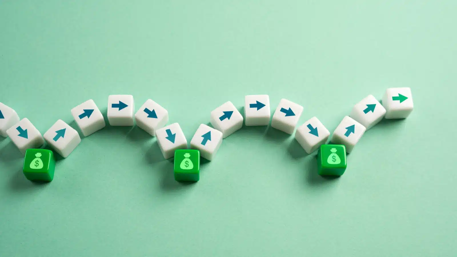 Concept art representing the paycheck to paycheck cycle. Arrows arch up on payday, then back down towards the end of the pay period.