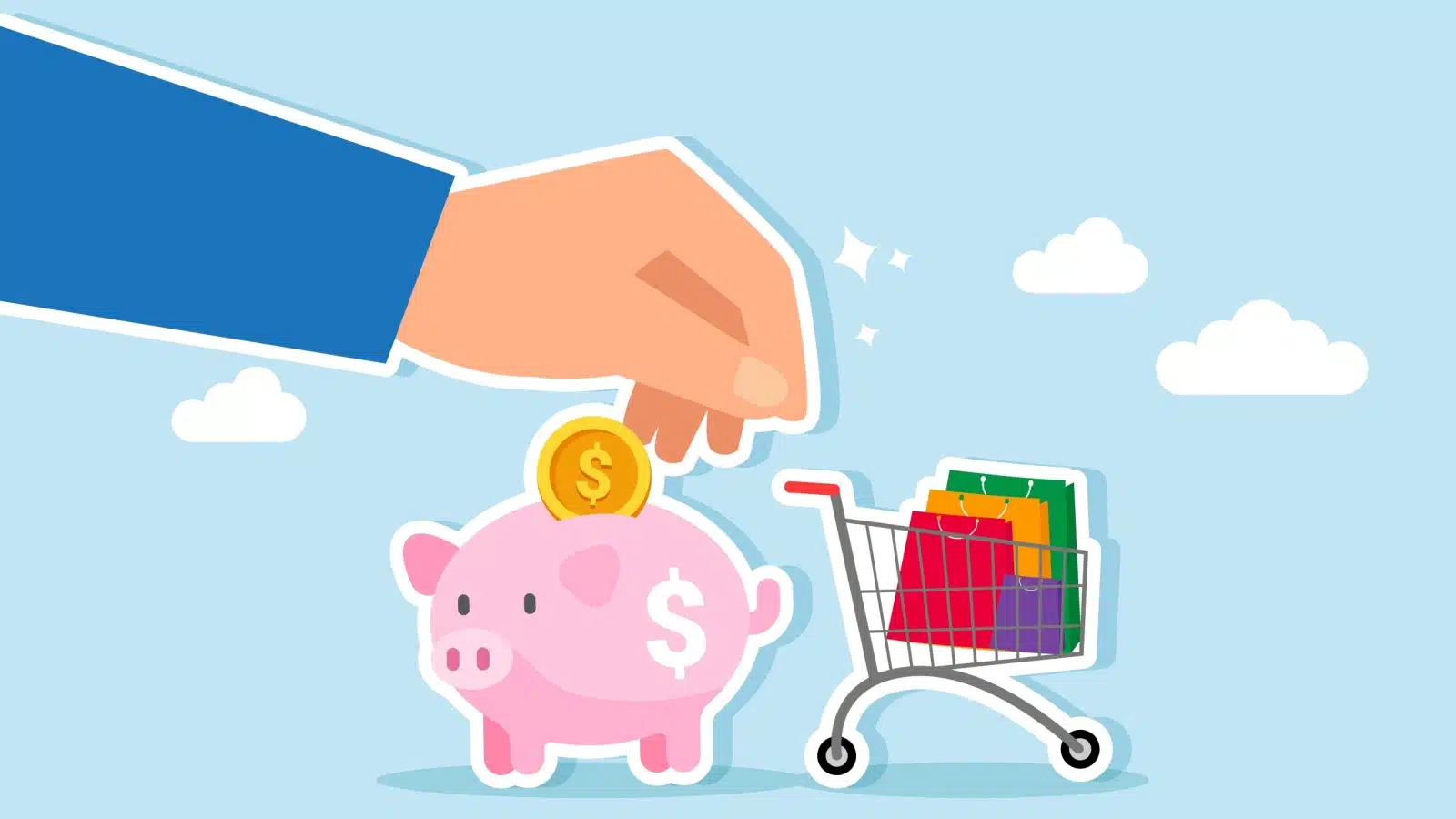 A giant hand hesitates between icons representing spending money and saving money.