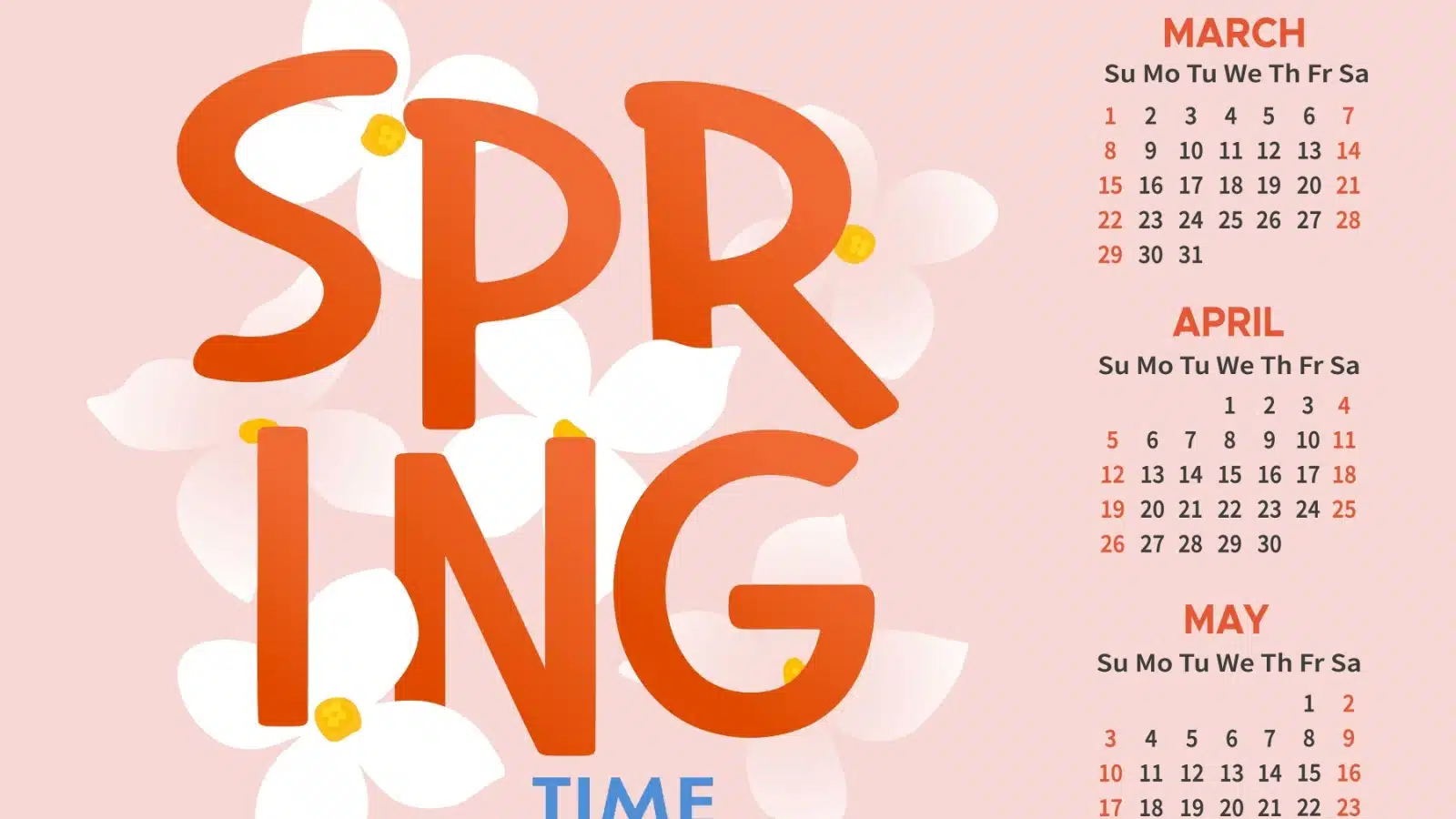 Calendar showing only the three spring months march april and may.