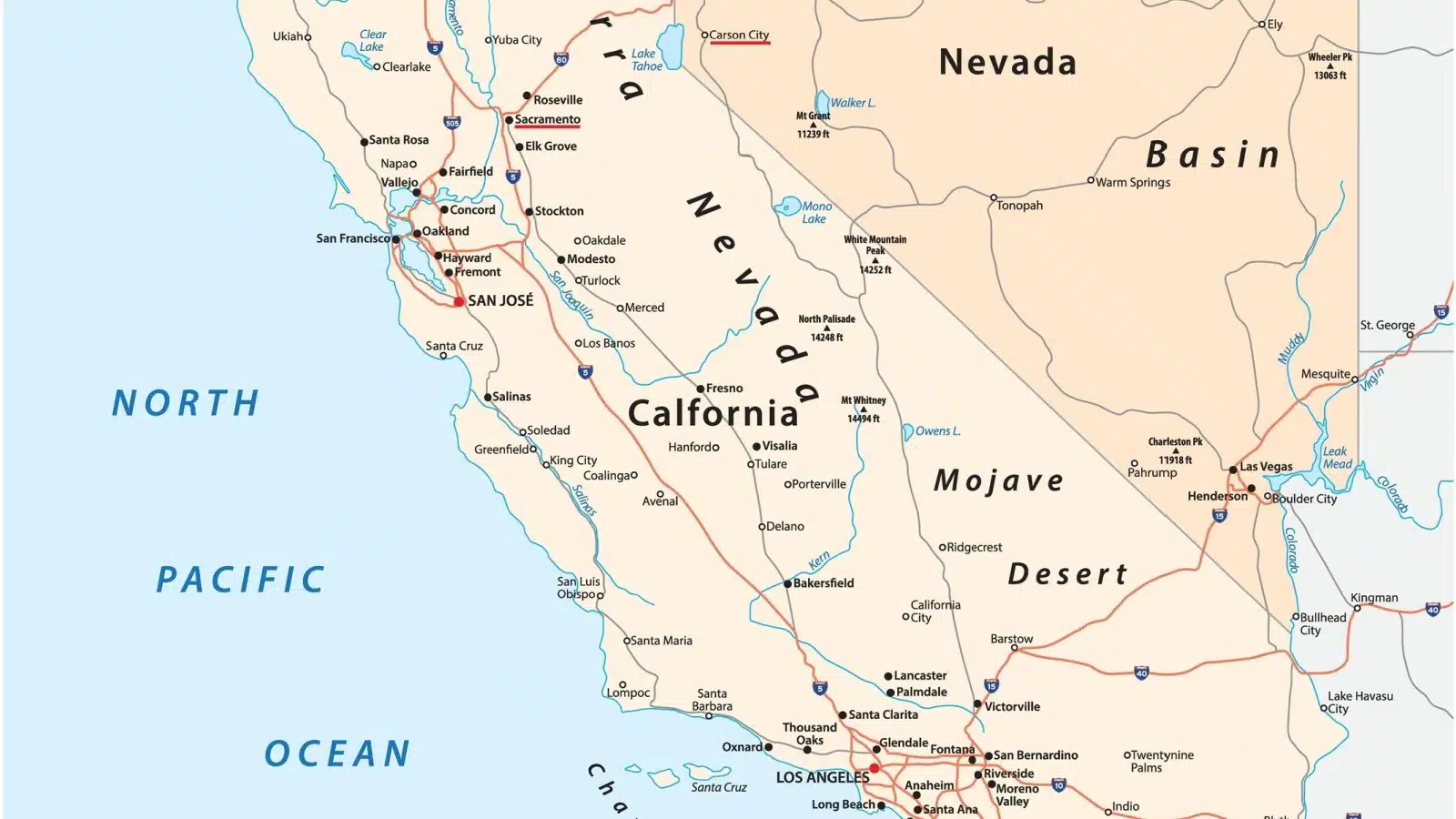 A portion of the California map showing routes from Los Angeles to San Francisco.