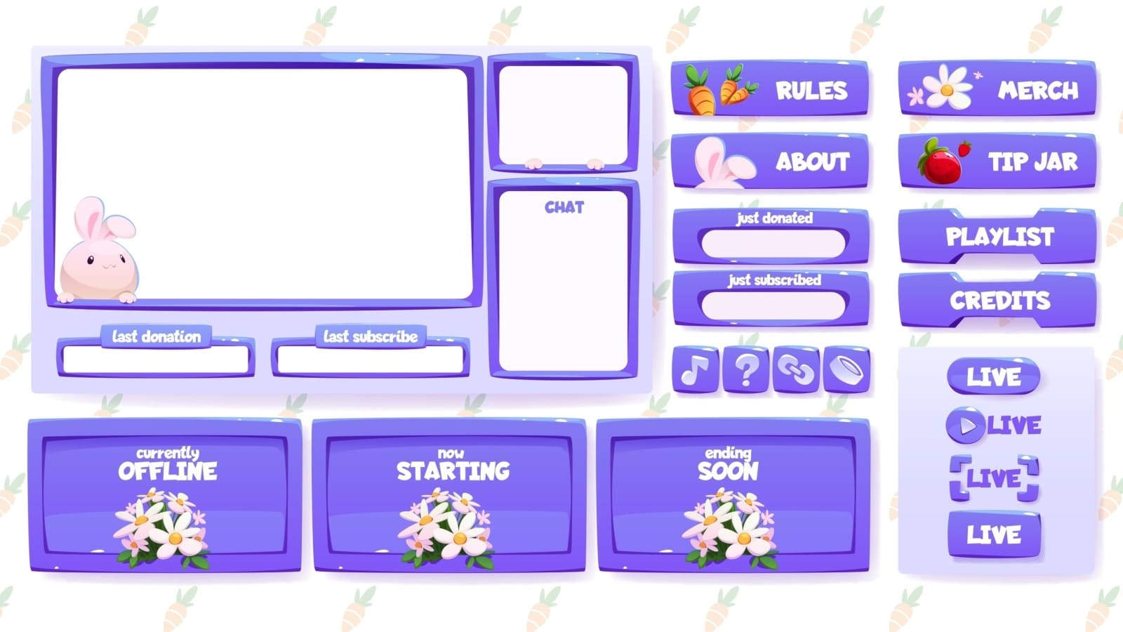 Example of a pretty purple & white Twitch overlay with multiple panels.