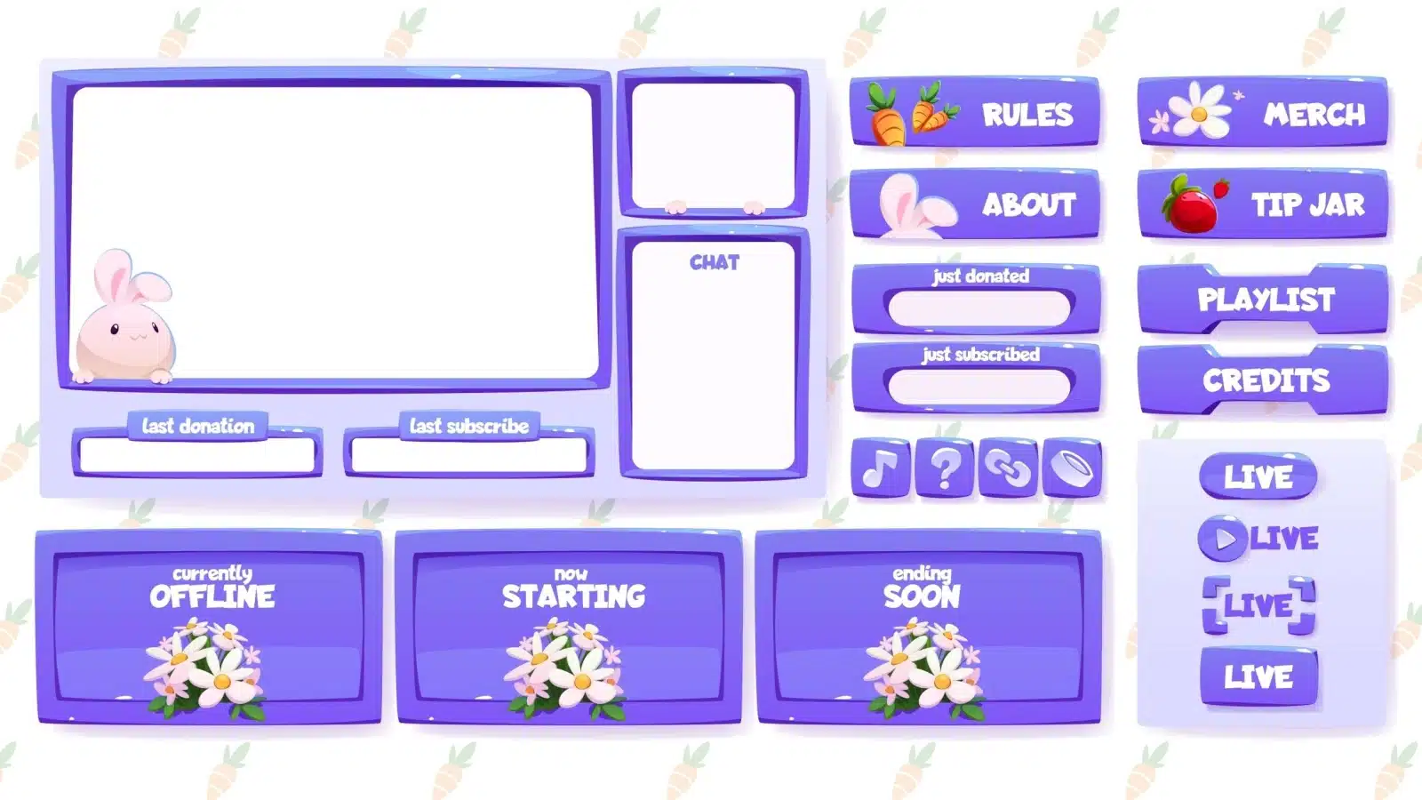 Example of a pretty purple & white Twitch overlay with multiple panels.