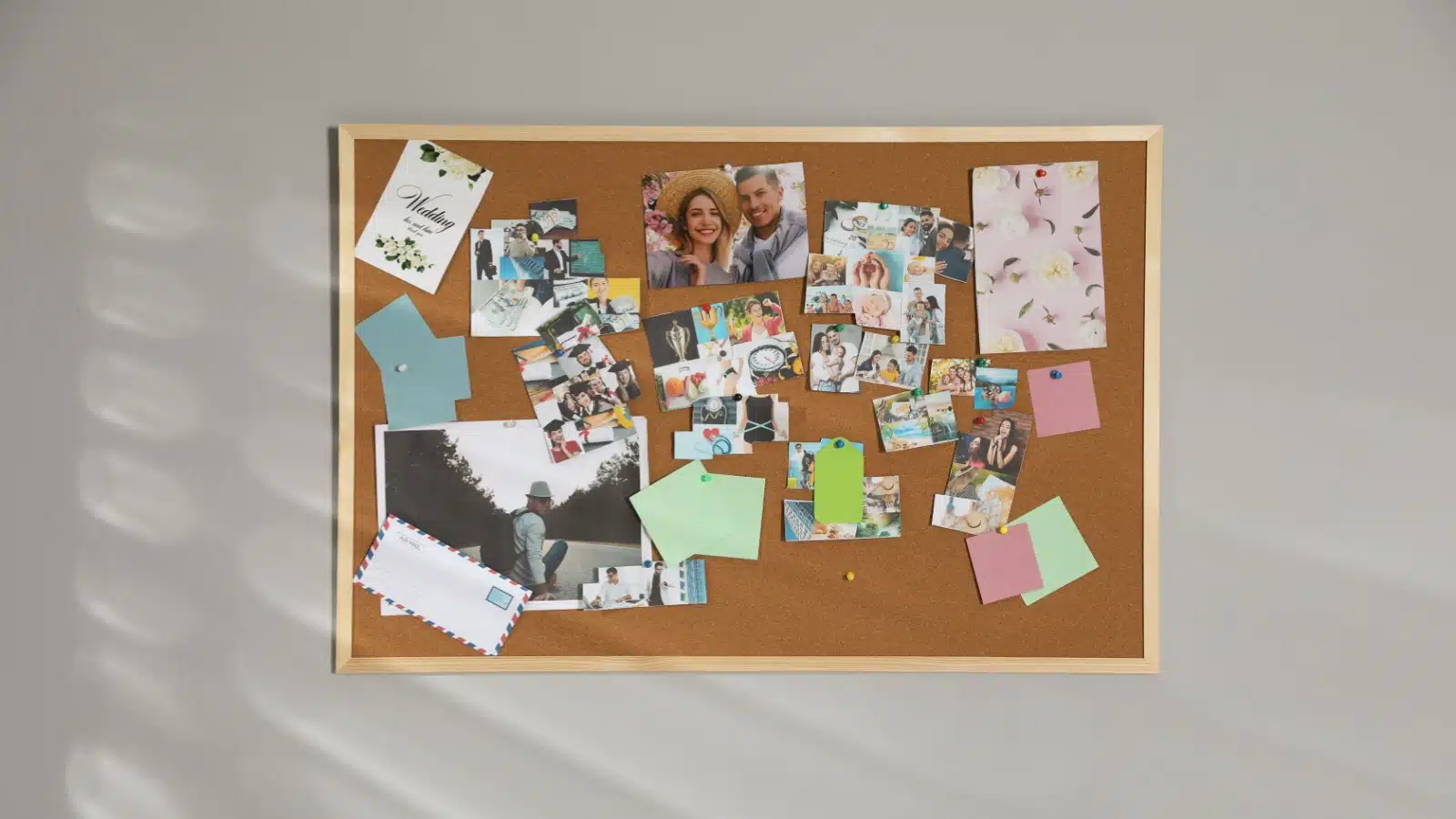 A corkboard vision board.